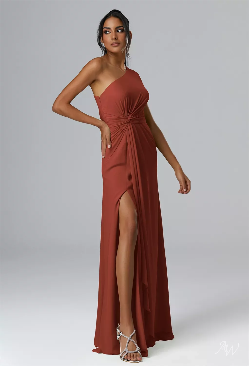 AW Peppermint Dress, Rust Chiffon Floor Length One Shoulder Bridesmaid  Dresses | AW.Bridal