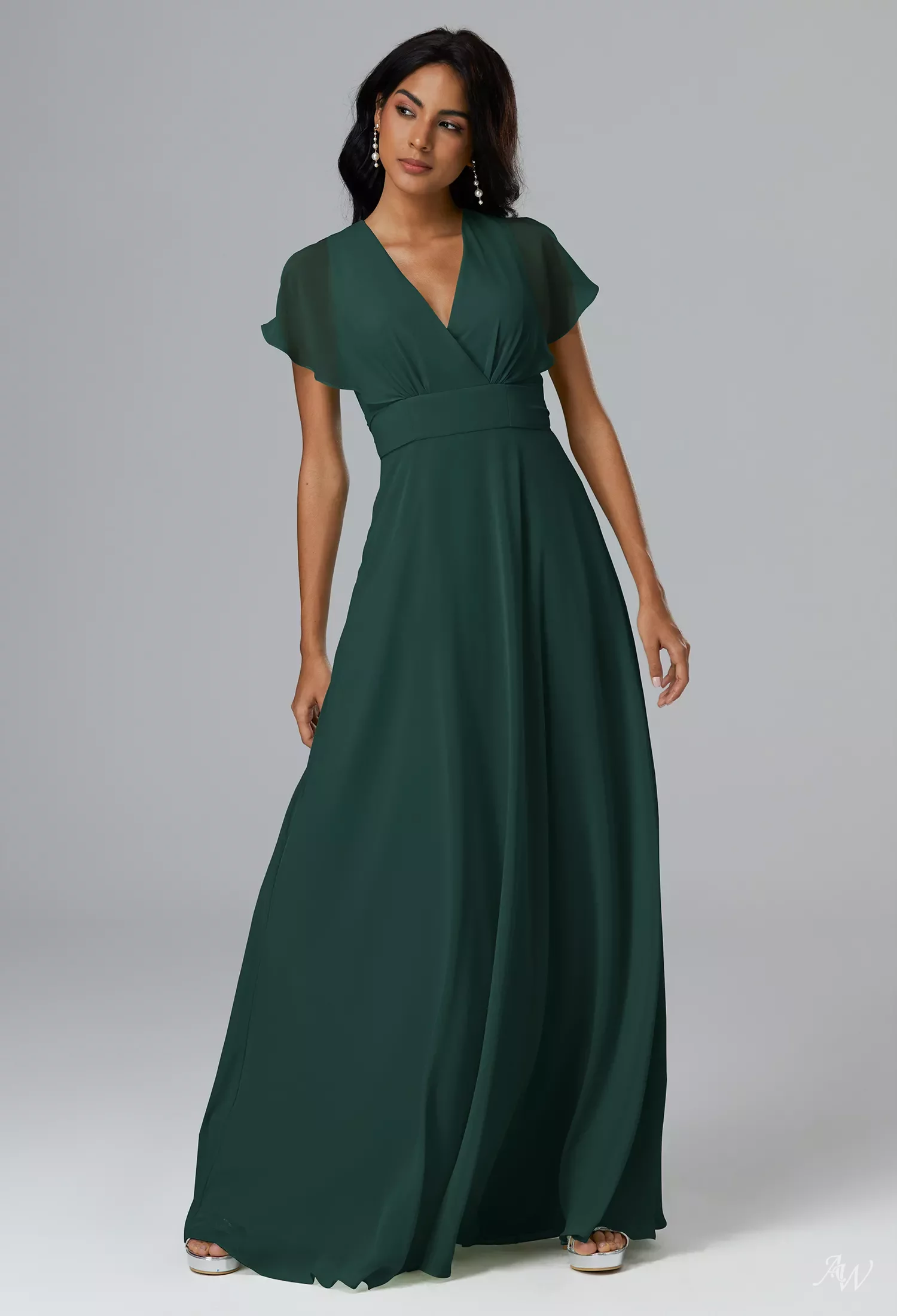AW Halle Dress, Dark Emerald Chiffon Floor Length V-Neck Bridesmaid Dresses  | AW.Bridal