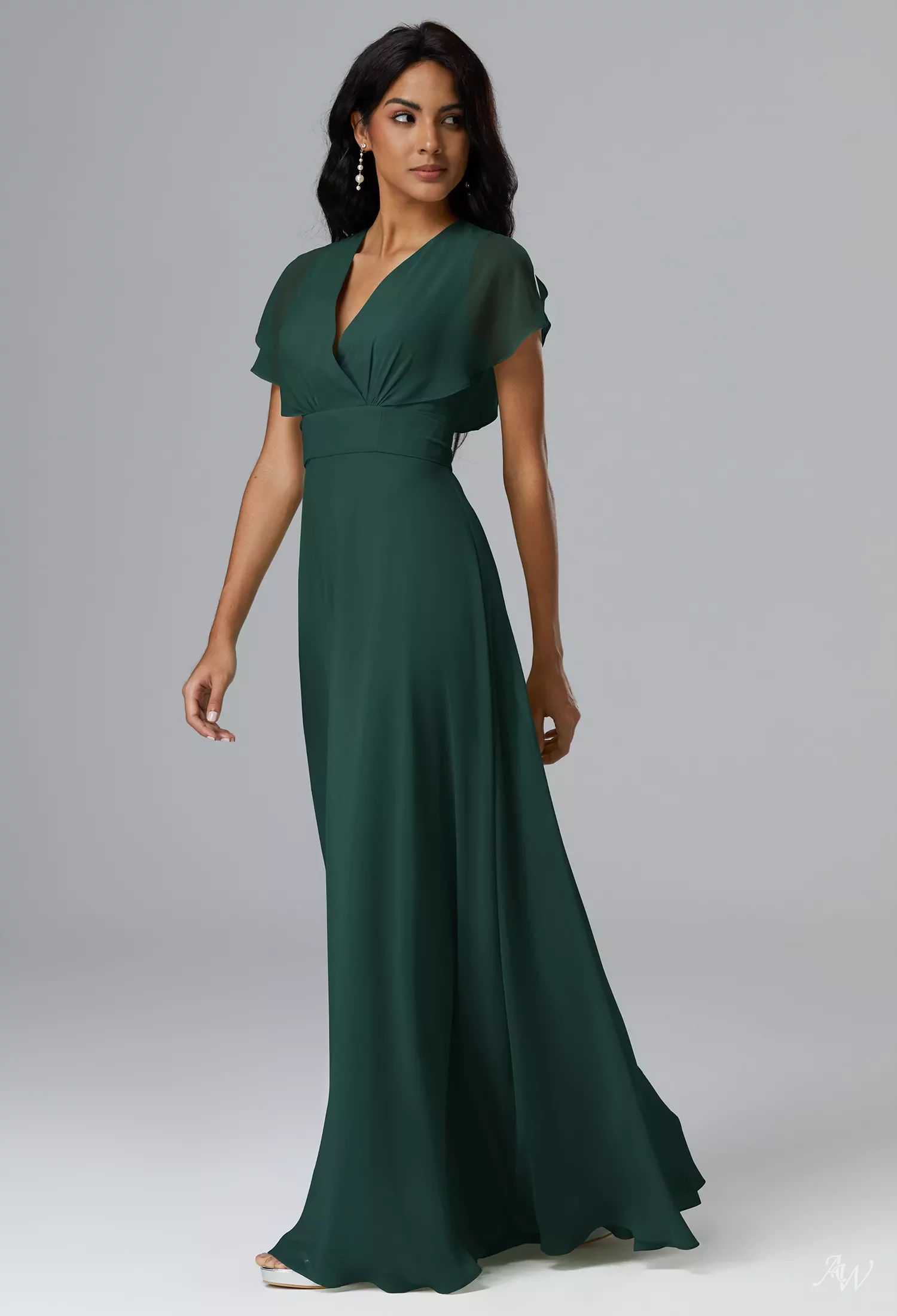 AW Halle Dress, Dark Emerald Chiffon Floor Length V-Neck