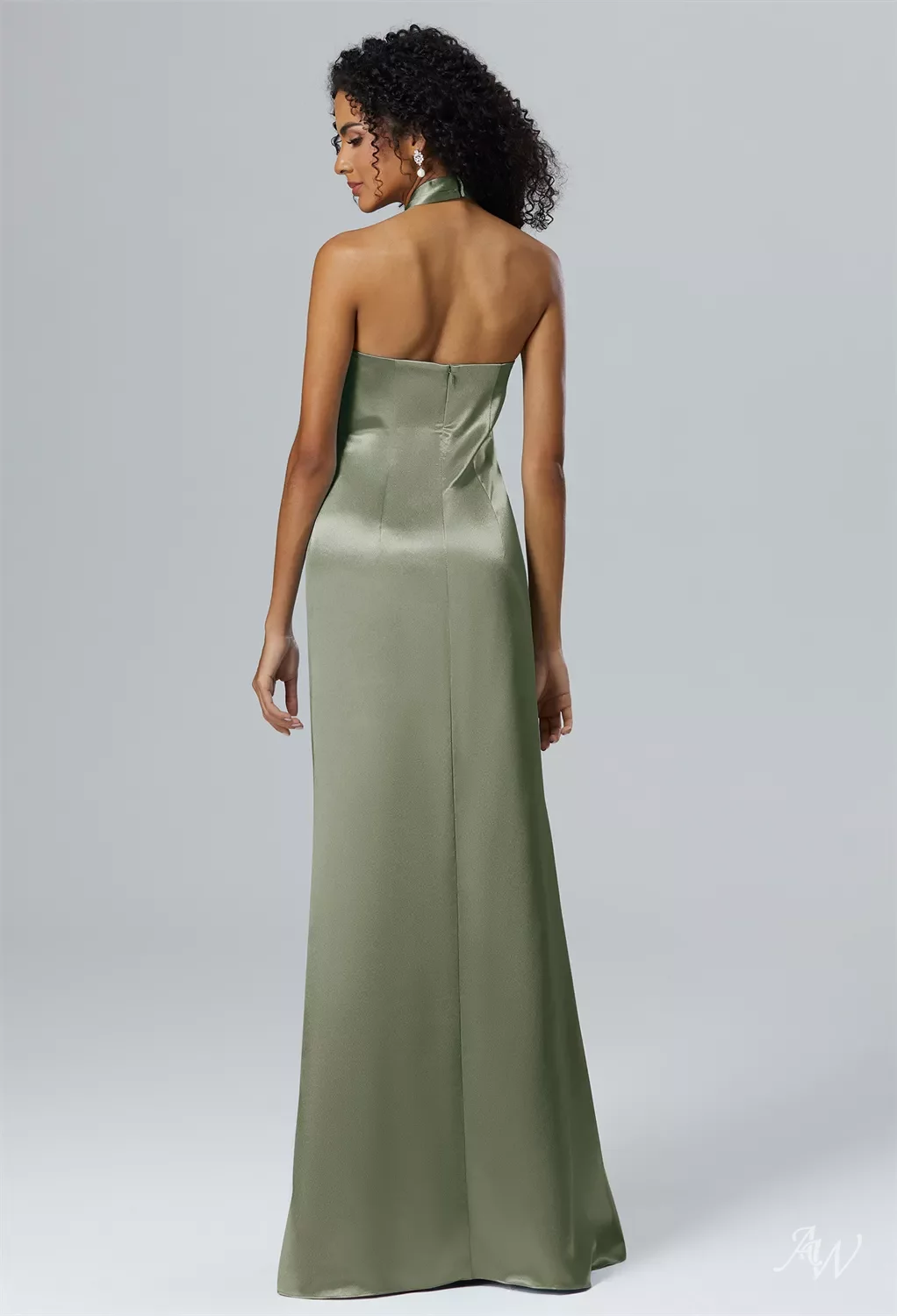 AW Serena Dress, Fennel Seed Crystal Satin Satin Charmeuse Stretch Satin  Floor Length Halter Neckline Bridesmaid Dresses | AW.Bridal