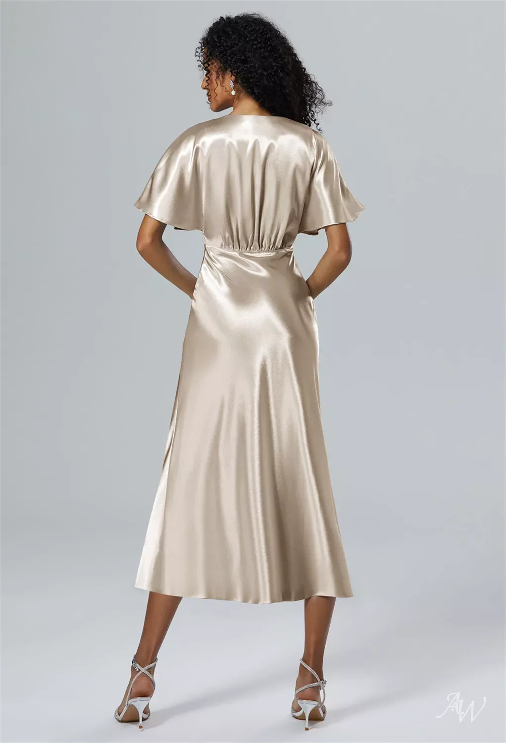 AW.Bridal A-line V-Neck Tea Length Short Sleeves Crystal Satin Ruching Split Short Bridesmaid Dresses Champagne Size 18
