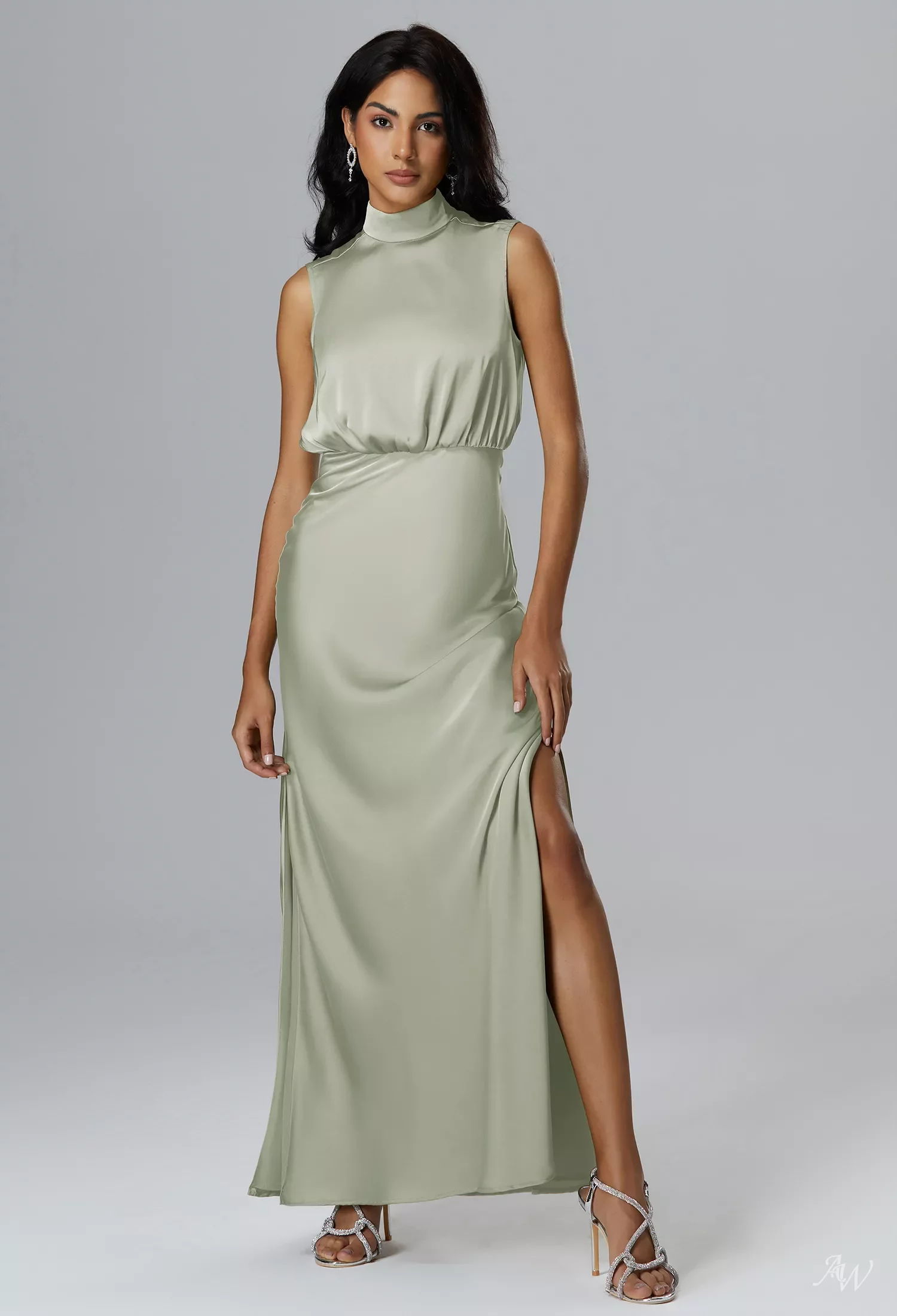 AW.Bridal A-line Turtleneck Floor Length Sleeveless Satin Ruching Split Long Bridesmaid Dresses Dress Coronet Blue Size 18