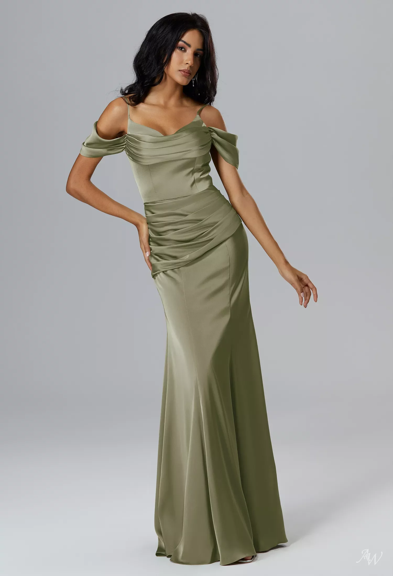 AW.Bridal Mermaid Cowl Neckline Floor Length Off the Shoulder Spaghetti Straps Satin Long Bridesmaid Dresses Dress Sage Green Size 8