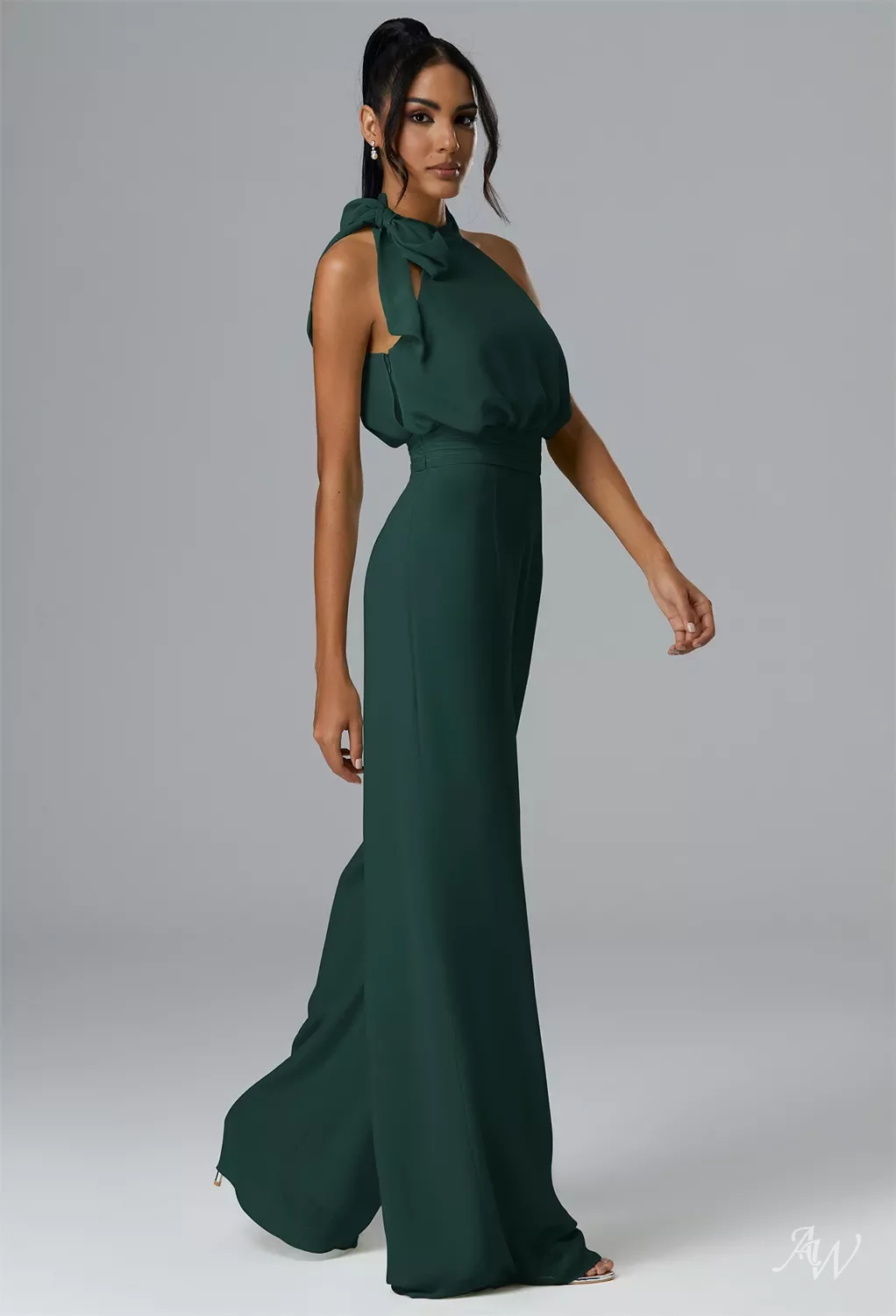 AW Rosalie Jumpsuit, Sage Green Chiffon Floor Length Halter