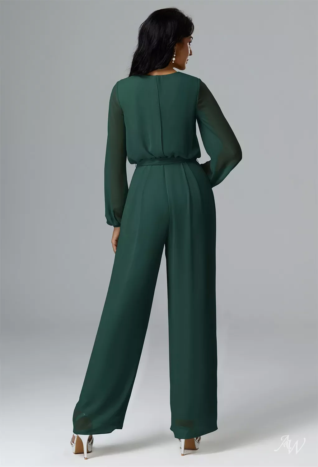 AW Roxanne Jumpsuit, Dark Emerald Chiffon Floor Length V-Neck