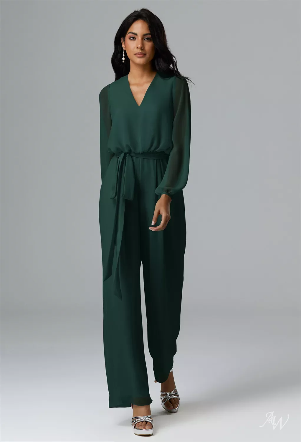 AW Roxanne Jumpsuit, Dark Emerald Chiffon Floor Length V-Neck