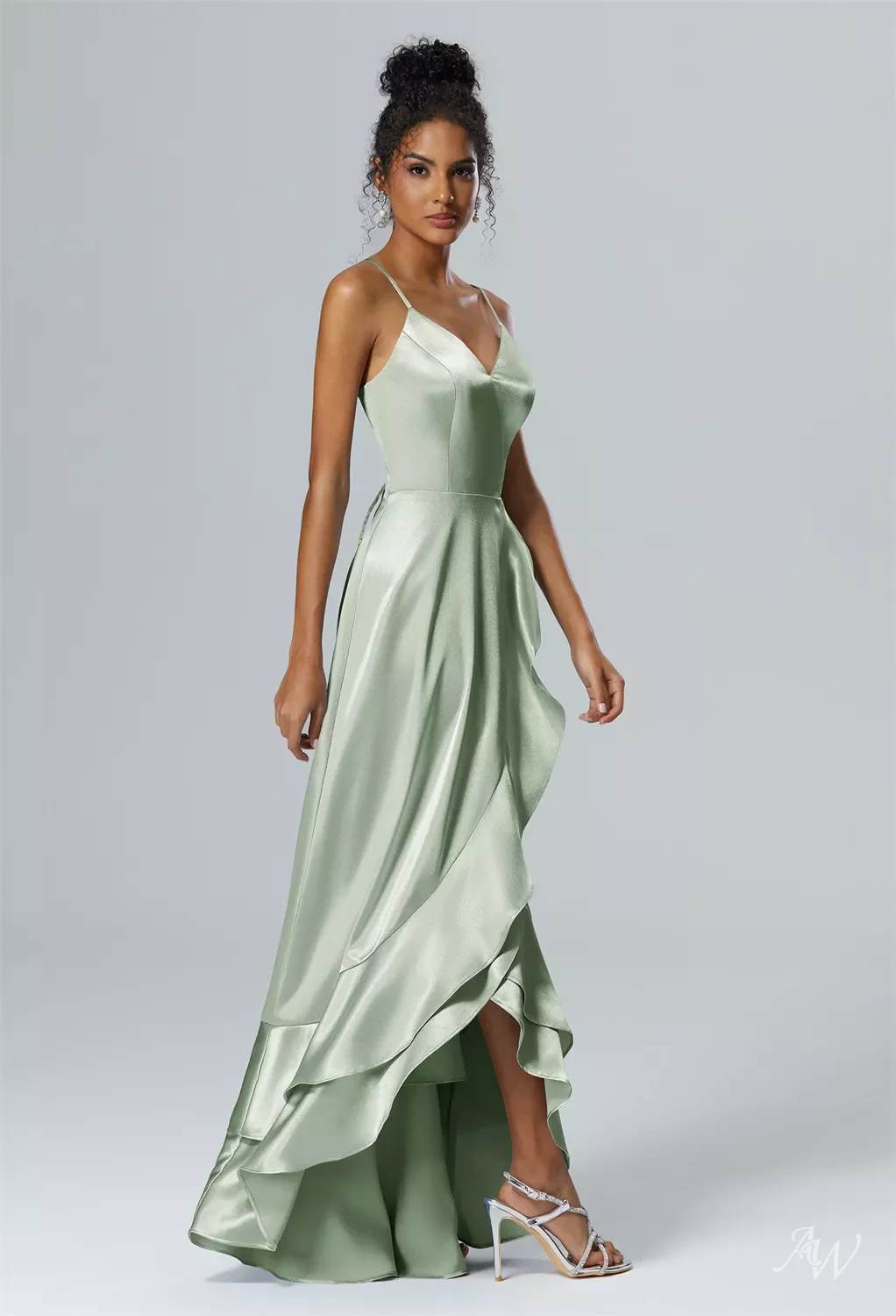 AW Marguerite Dress, Champagne Crystal Satin Satin Charmeuse Hi Lo V-Neck  Bridesmaid Dresses | AW.Bridal