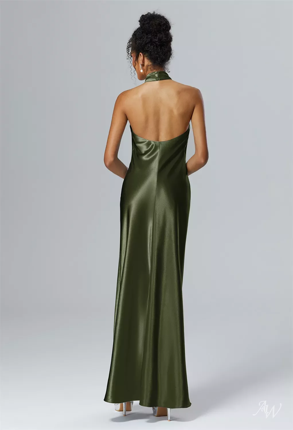 backless green satin dress Elegant Mock Neck Hunter Green Satin Wrap Tie-Up Open Back Maxi Dress L / Hunter Green main image 0