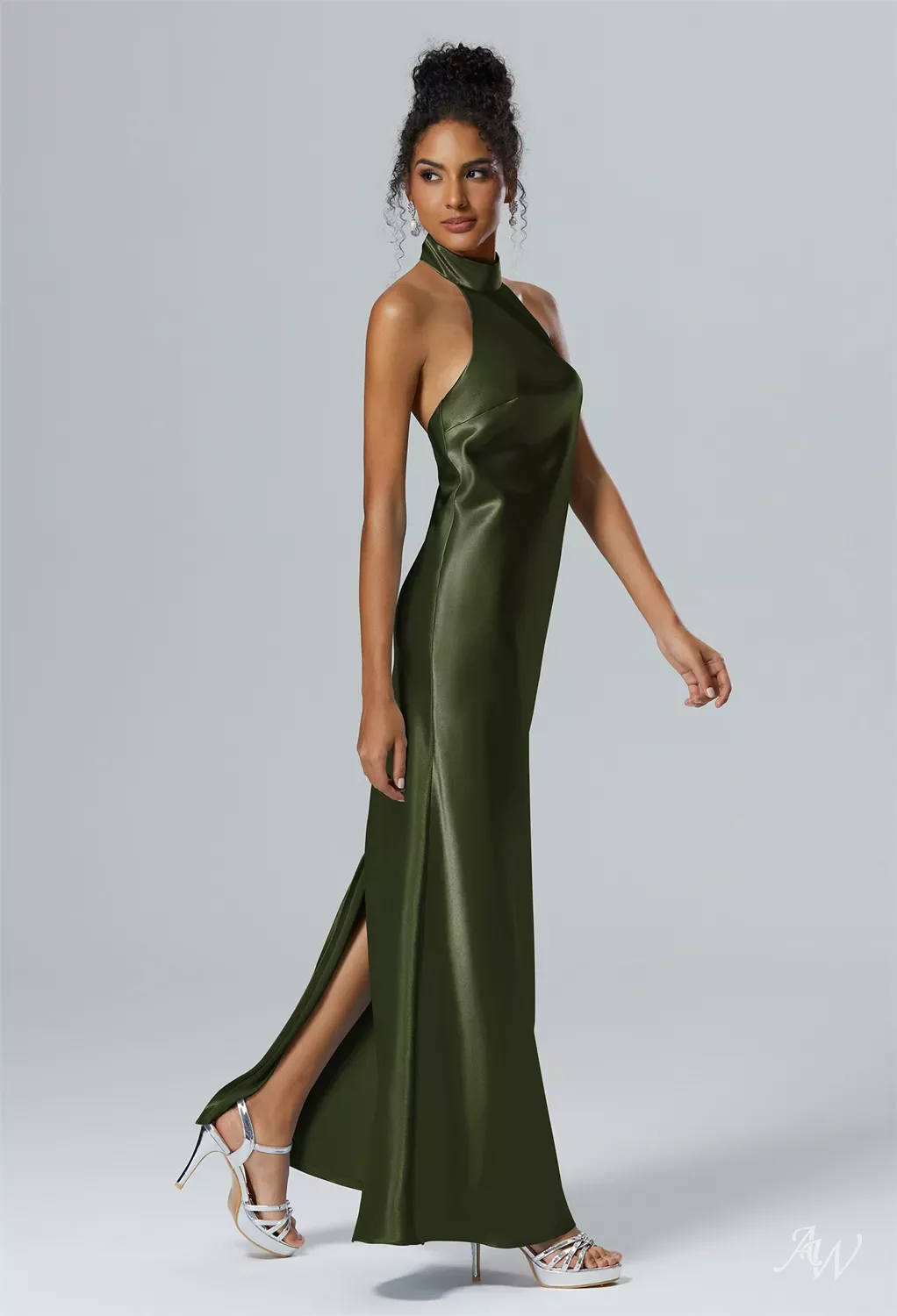 AW.Bridal Bridesmaid Dresses Satin Charmeuse Mermaid Halter Neckline Ankle Length Sleeveless Backless Dress Cornflower Size 16
