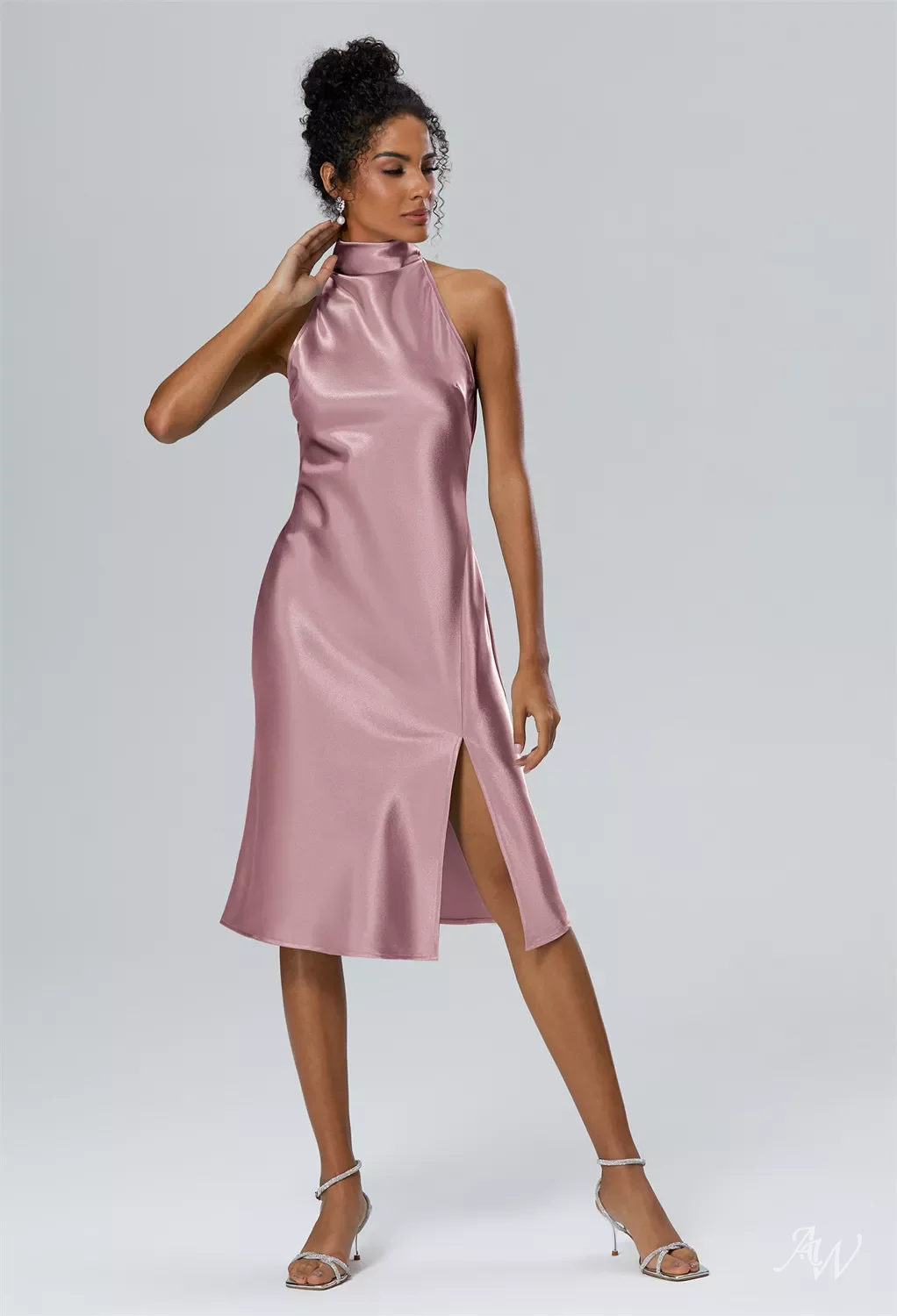 AW.Bridal A-line Halter Neckline Knee Length Sleeveless Crystal Satin Split Wedding Guest Dresses Dress Taupe Size 8