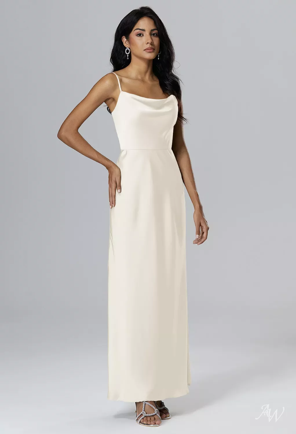 shoes to wear with long bridesmaid dress Long Mermaid Cowl Neck Satin Wedding Dresses with Spaghetti Straps main image 1