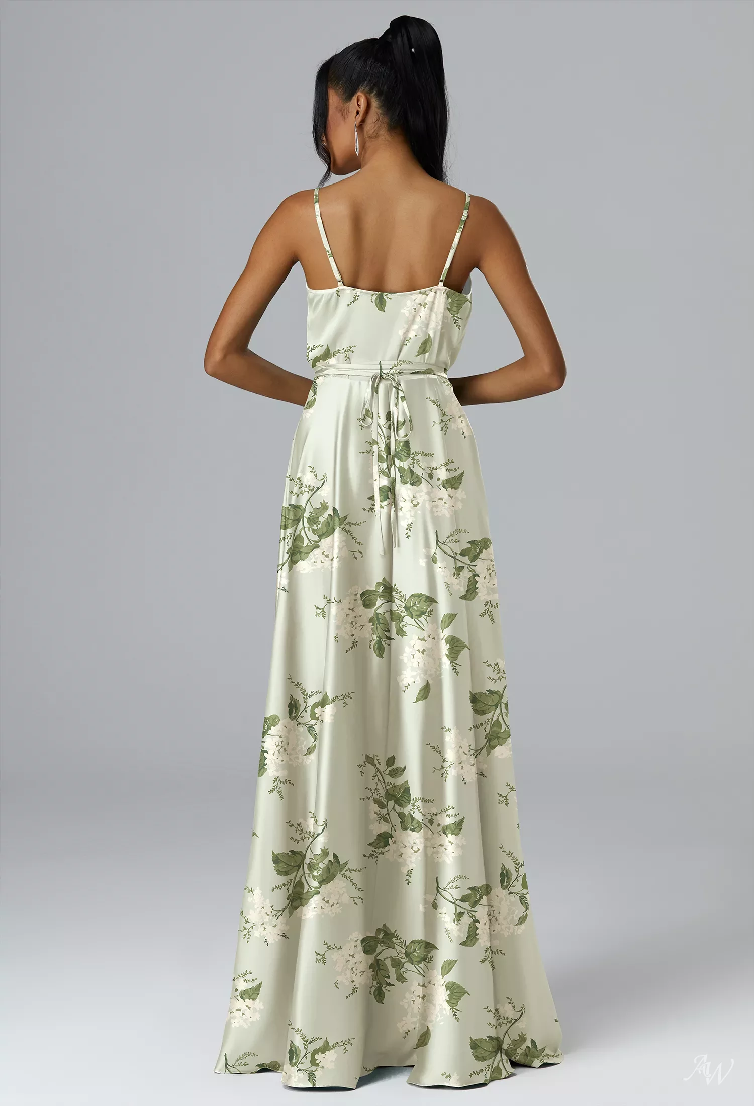 AW Sage Dress, Mottled Moss Green Satin Charmeuse Floor Length V