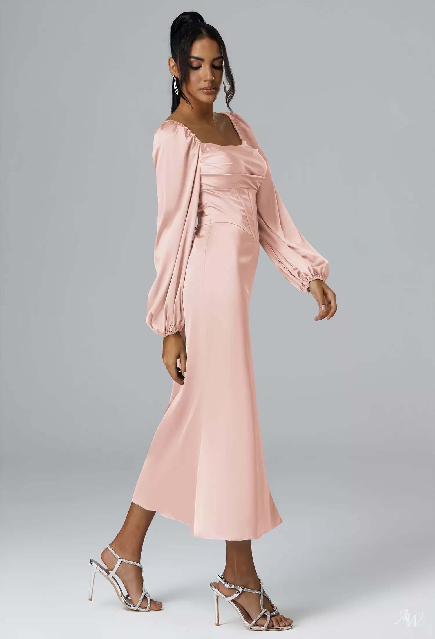 AW.Bridal Mermaid Square Neckline Tea Length Long Sleeves Satin Split Wedding Guest Dresses Dress Apricot Size 6
