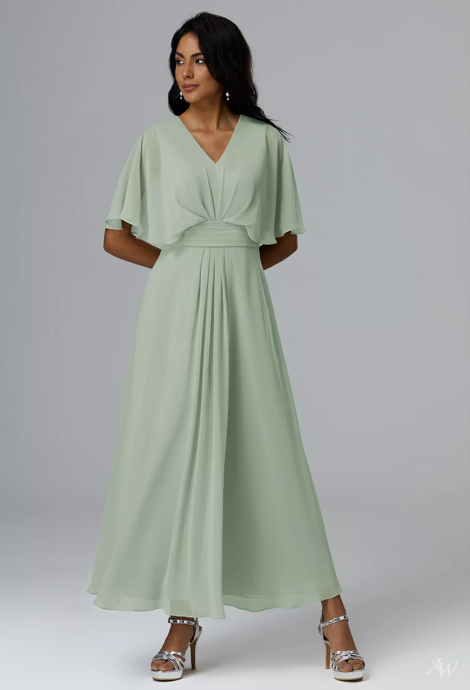 AW Keanu Dress, Sage Green Chiffon Ankle Length V-Neck Bridesmaid Dresses |  AW.Bridal