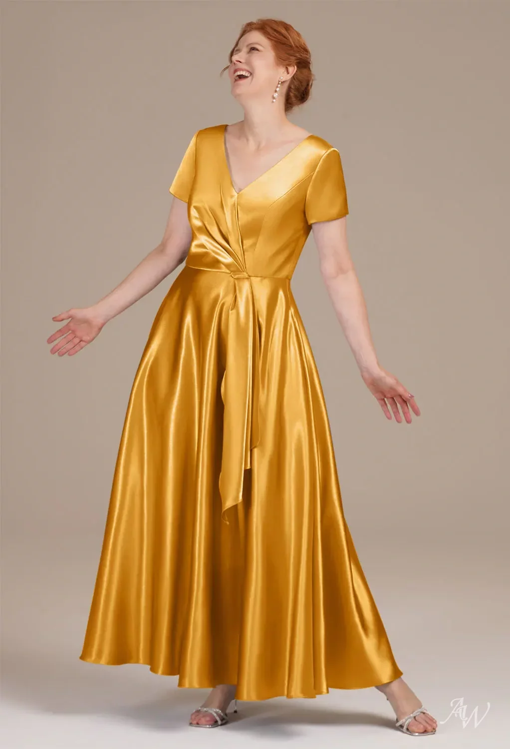 AW Omukama Dress, Dusty Blue Crystal Satin Ankle Length V-Neck