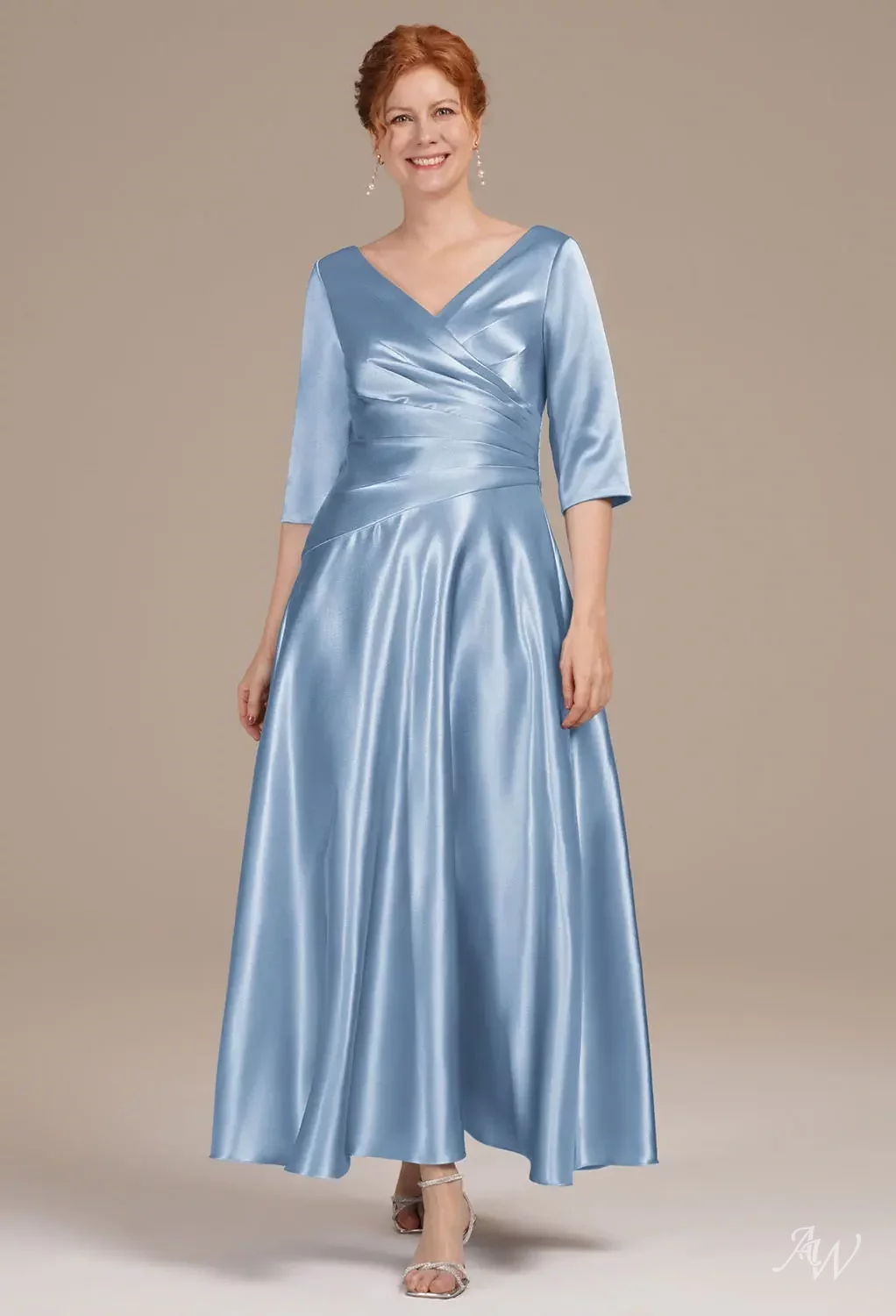 AW Psaltery Dress, Ink Blue Crystal Satin Ankle Length V-Neck Mother of the Bride Dresses | AW.Bridal AW Psaltery Dress, Ink Blue Crystal Satin Ankle Length V-Neck Mother of the Bride Dresses | AW.Bridal
