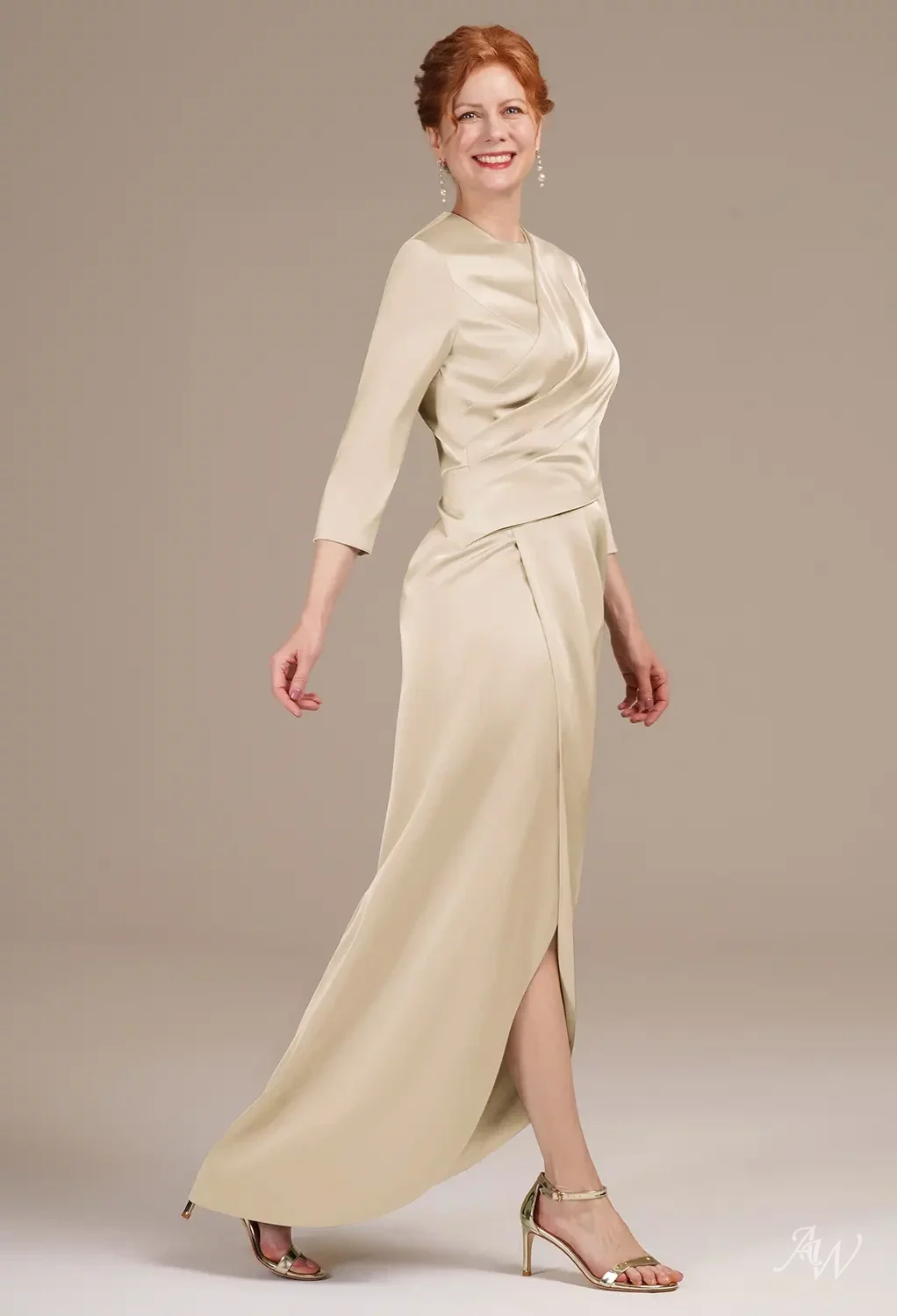 AW Petunia Dress, Fennel Seed Satin Charmeuse Hi Lo Bateau