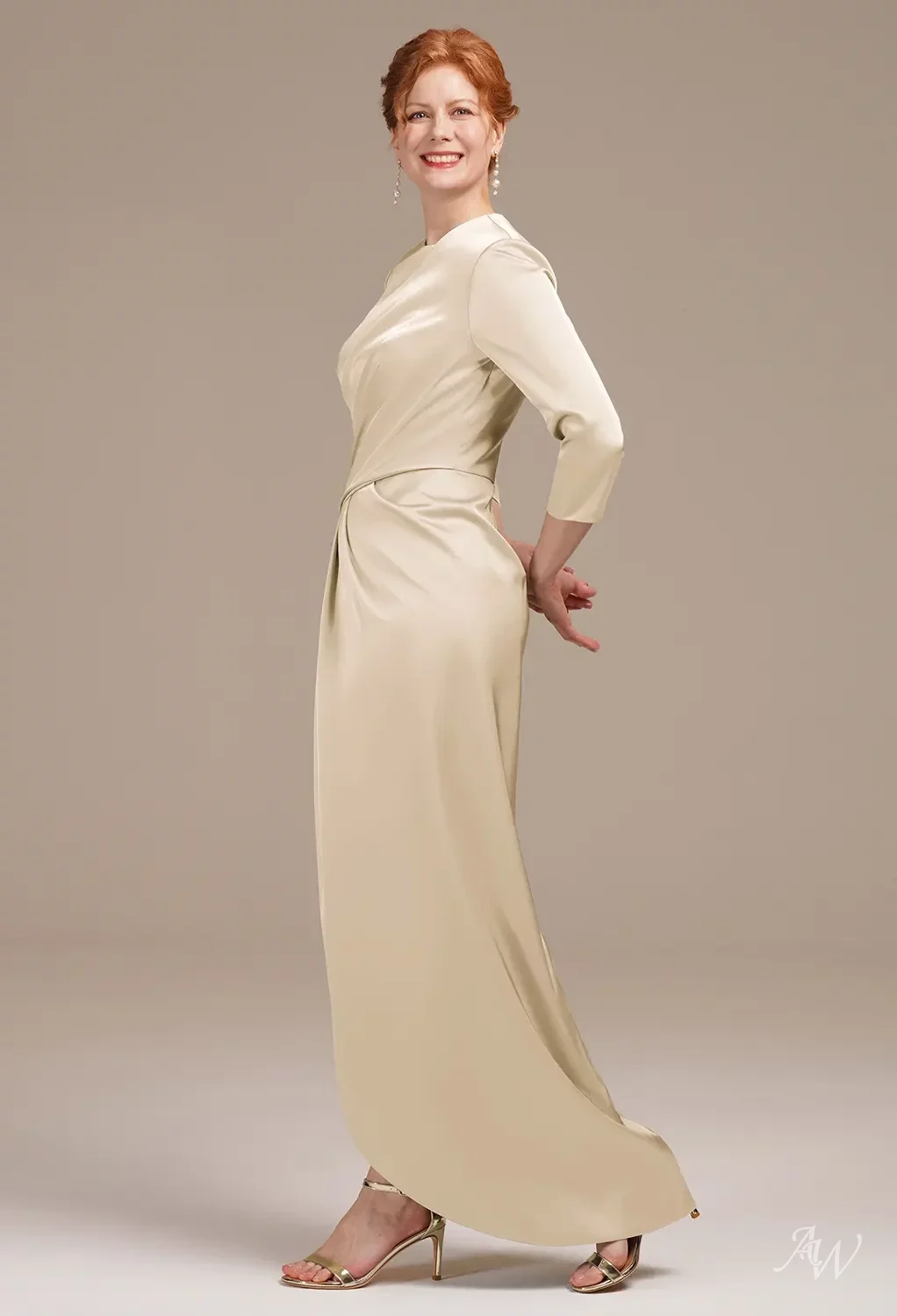 AW Petunia Dress, Fennel Seed Satin Charmeuse Hi Lo Bateau