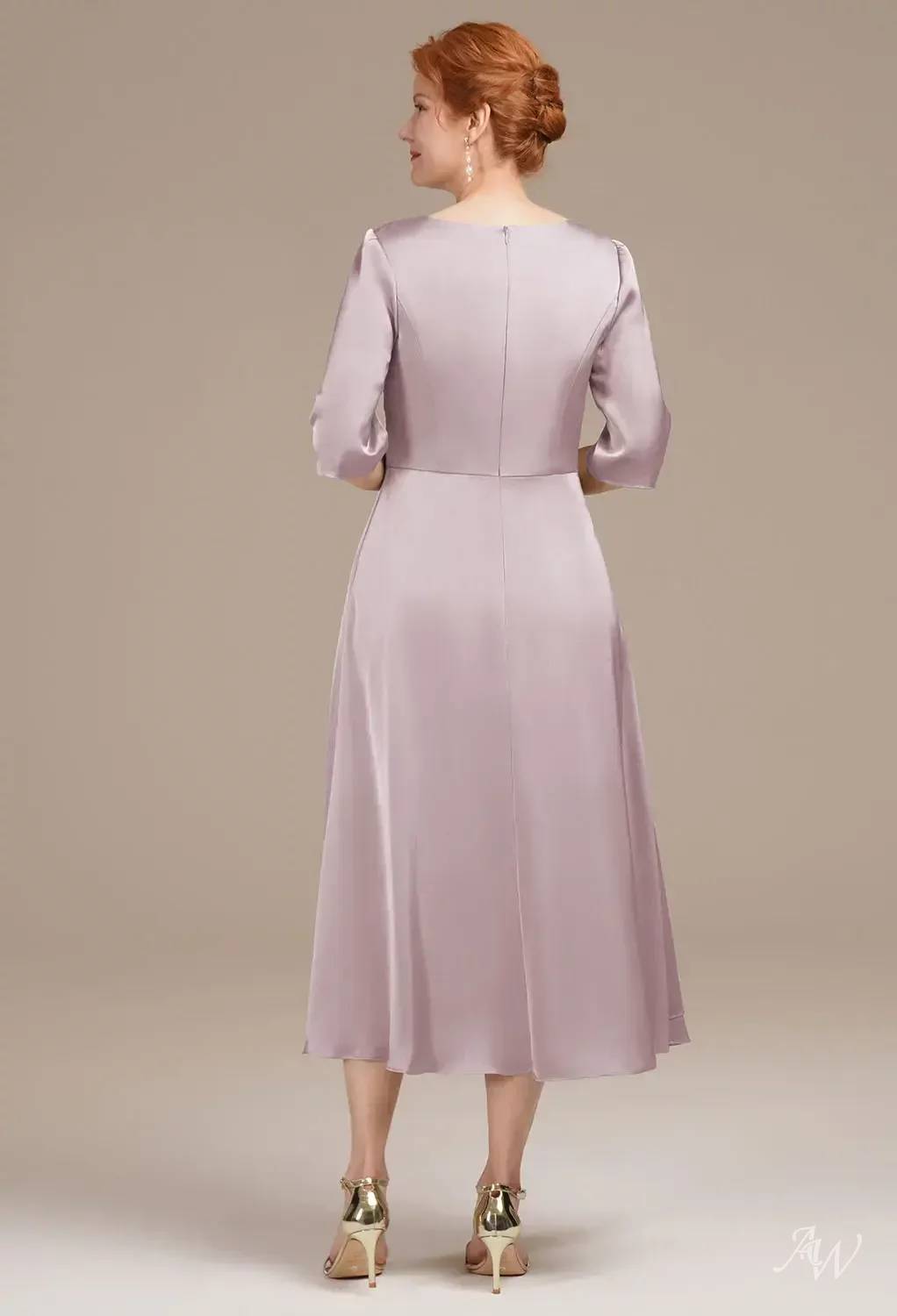AW Zephyrine Dress, Deep Claret Satin Charmeuse Tea Length V-Neck