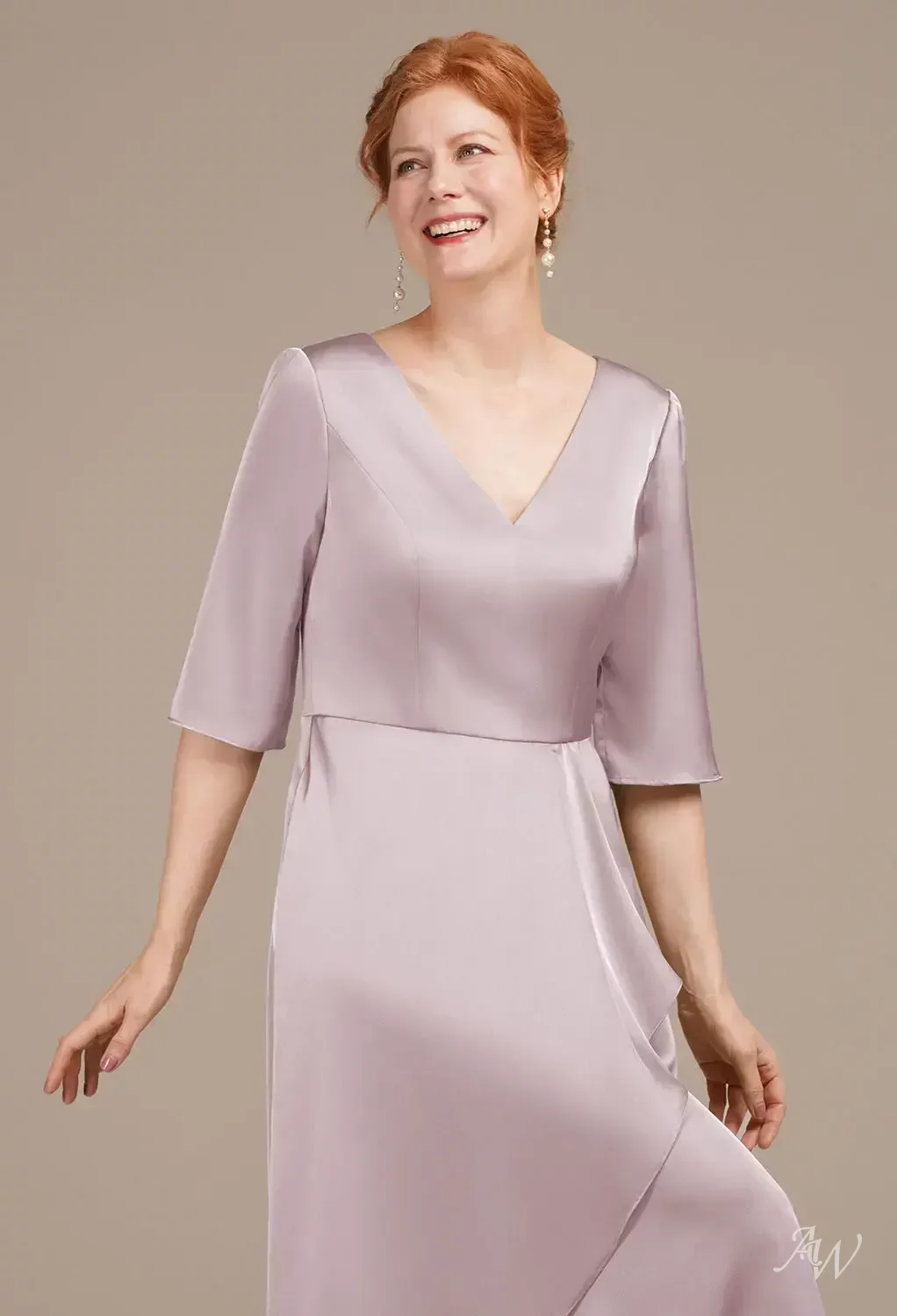 AW Zephyrine Dress, Deep Claret Satin Charmeuse Tea Length V-Neck