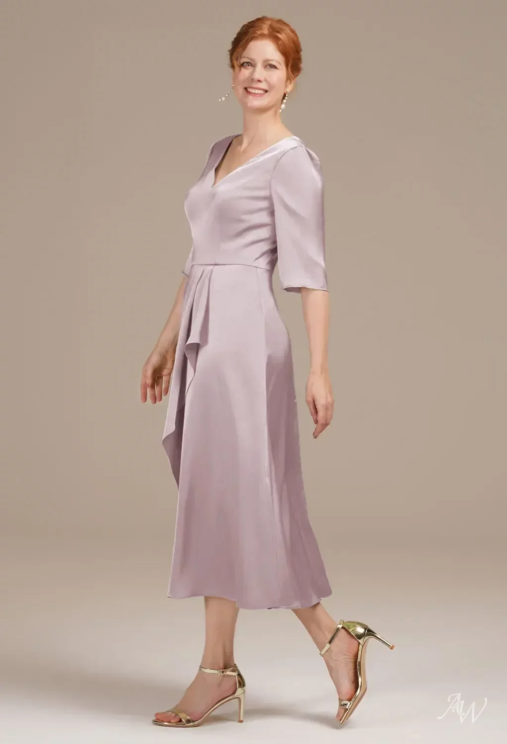 AW Zephyrine Dress, Deep Claret Satin Charmeuse Tea Length V-Neck