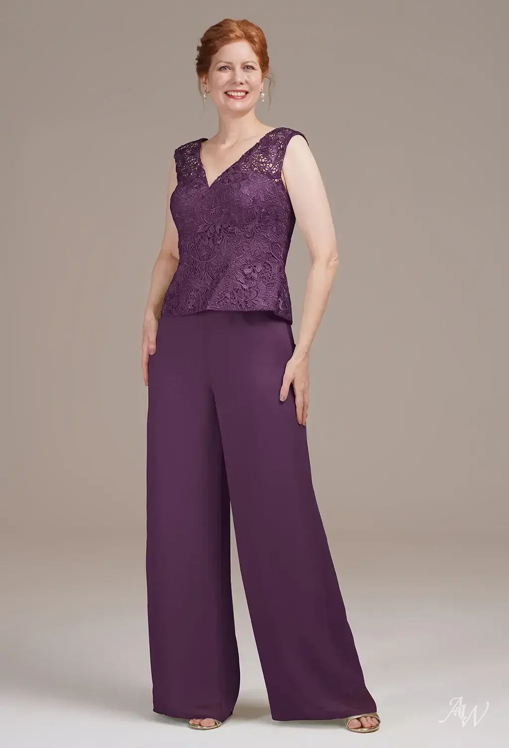 AW Hepzibah Pantsuit, Mauve Mist Chiffon Lace Floor Length V-Neck