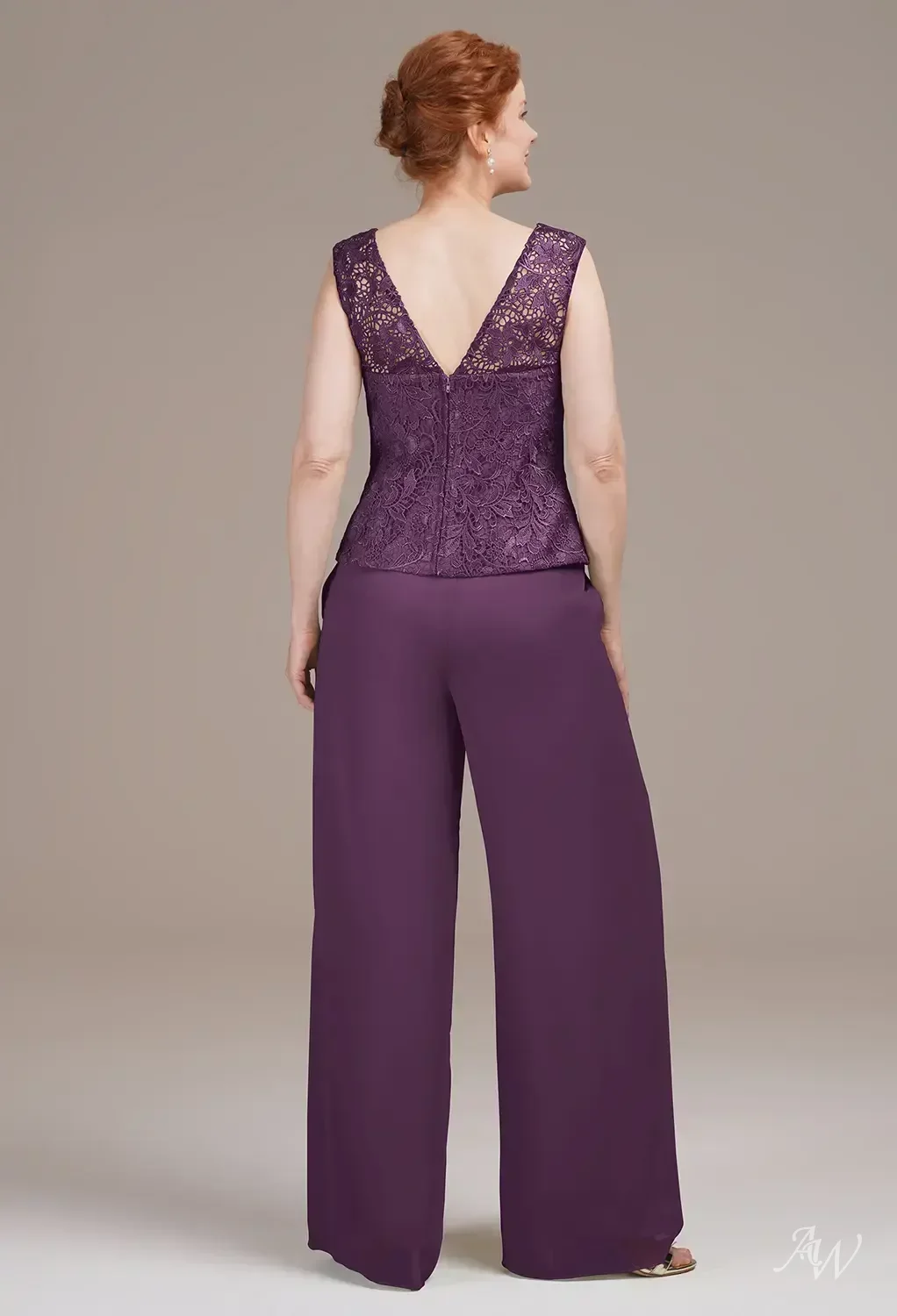 AW Hepzibah Pantsuit, Mauve Mist Chiffon Lace Floor Length V-Neck