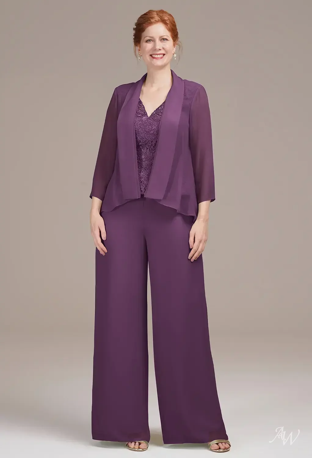 AW Hepzibah Pantsuit, Mauve Mist Chiffon Lace Floor Length V-Neck