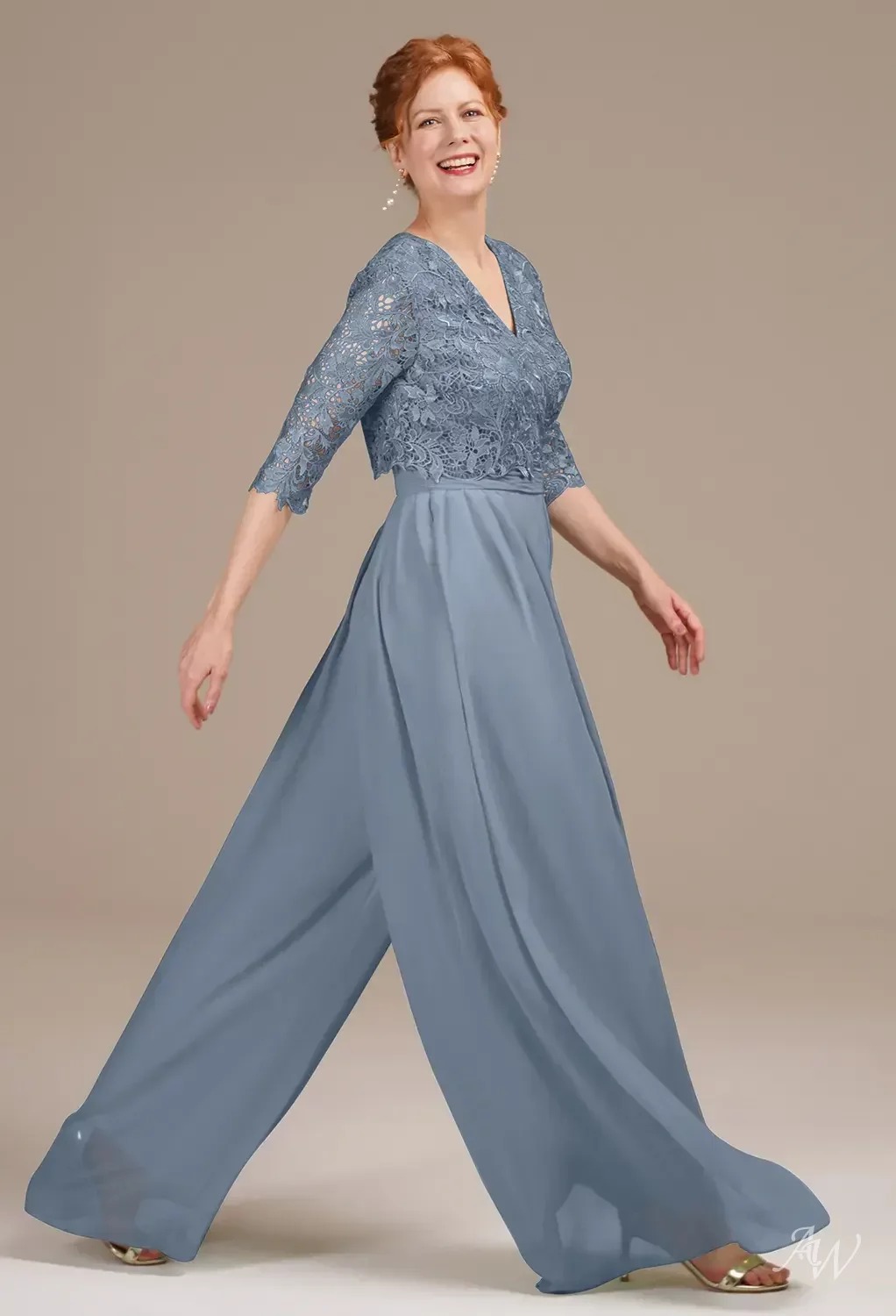 AW Barnett Dress, Sage Green Chiffon Floor Length V-Neck Mother of