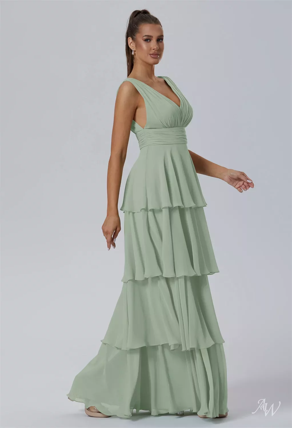 AW Amabel Dress, Sage Green Chiffon Floor Length V-Neck Bridesmaid Dresses  | AW.Bridal