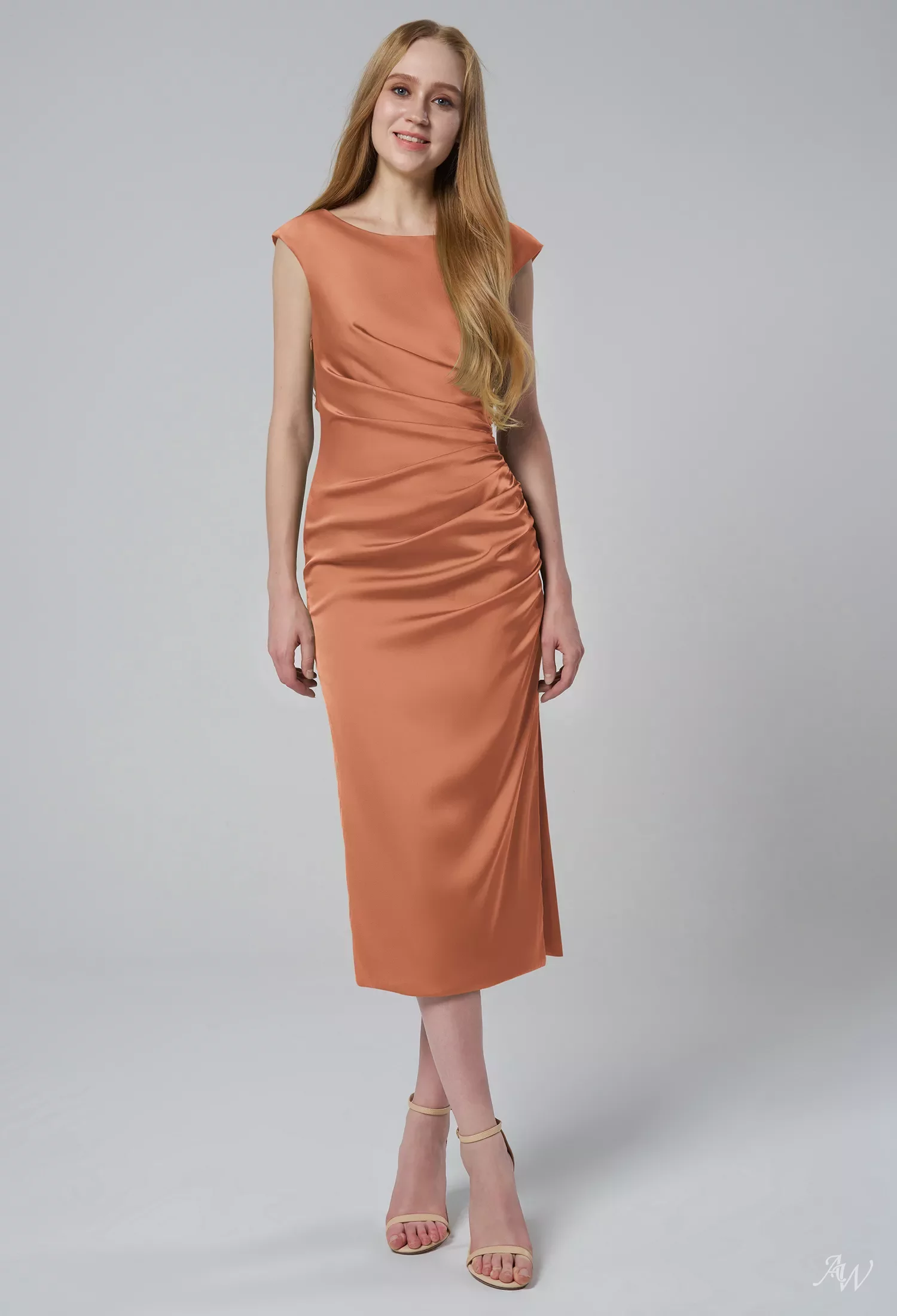 AW Briony Dress, Raw Sienna Satin Charmeuse Tea Length Bateau Neckline  Bridesmaid Dresses