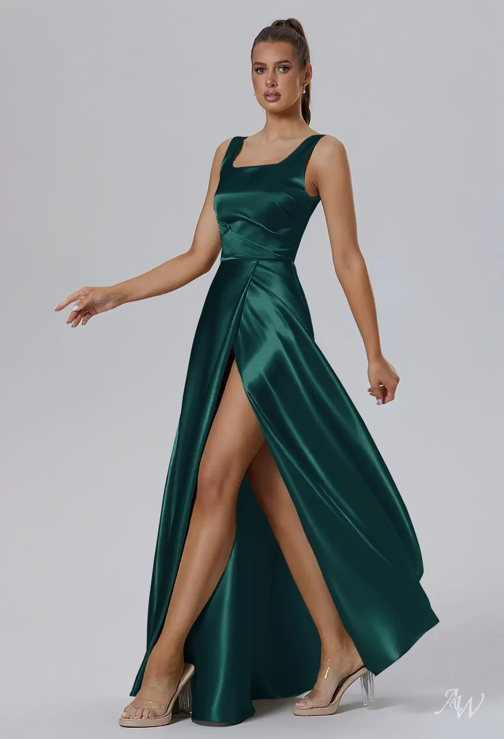 AW Basileus Dress, Dusty Blue Crystal Satin Satin Charmeuse Stretch Satin  Floor Length Square Neckline Bridesmaid Dresses | AW.Bridal