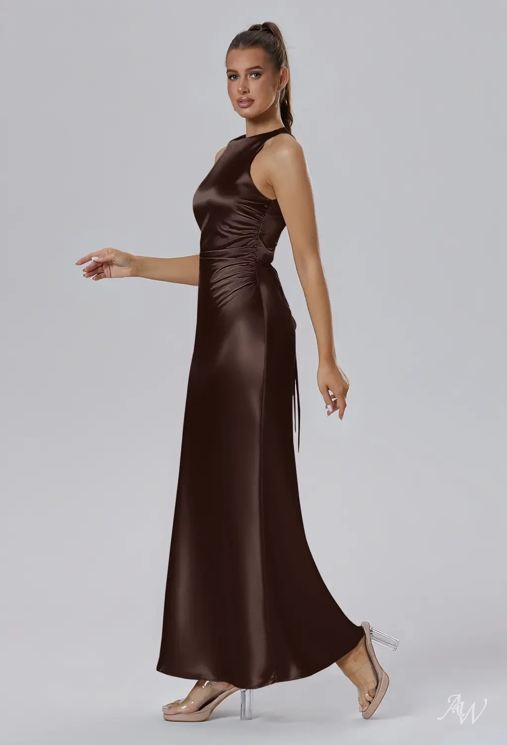 AW.Bridal Bridesmaid Dresses Stretch Satin Mermaid Bateau Neckline Ankle Length Sleeveless Cutout Dress Pearl Pink Size 16