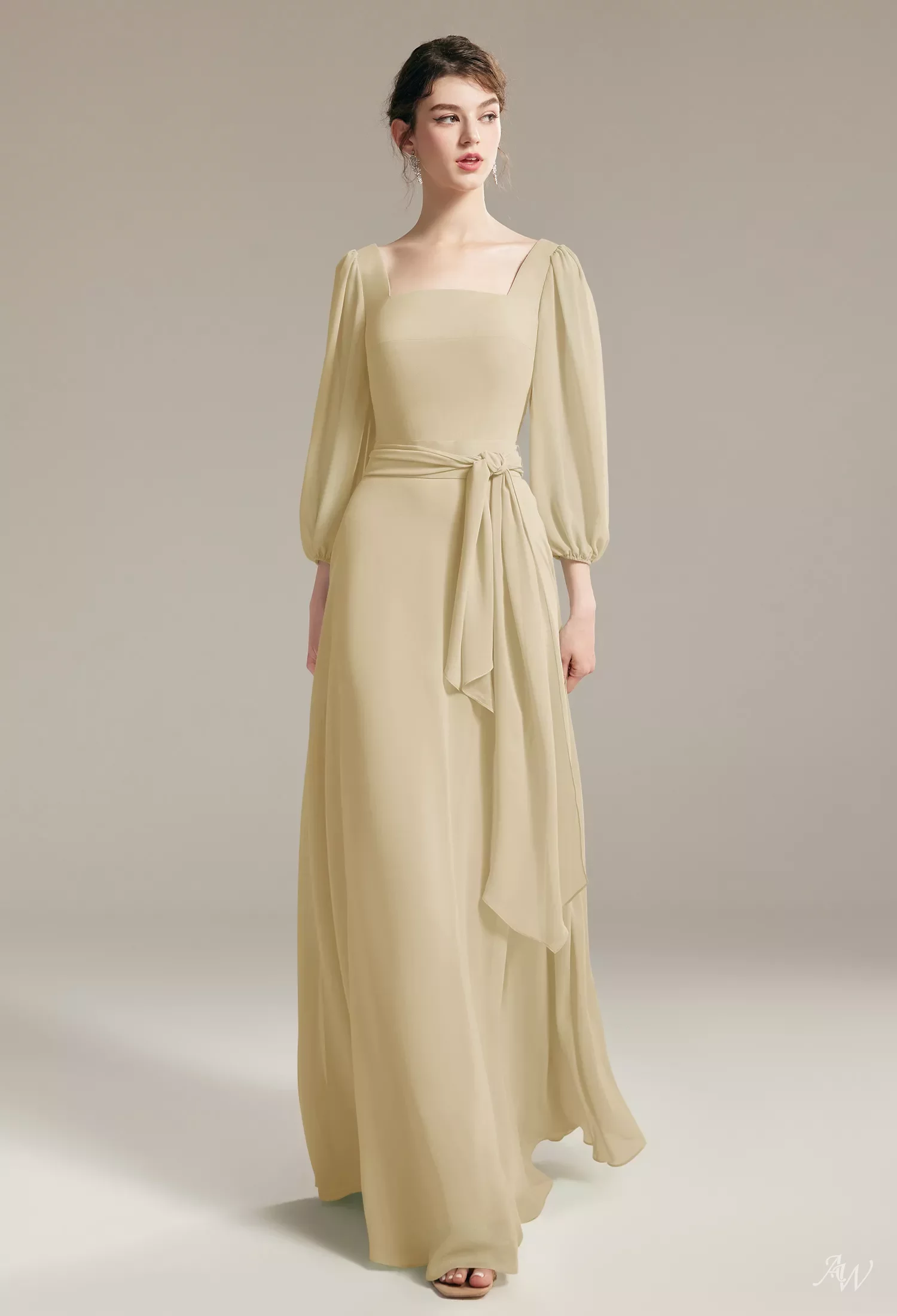 beige bridesmaid dresses with sleeves AW.Bridal A-line Square Neckline Floor Length 3/4 Sleeves Sash/Ribbon Long Bridesmaid Dresses Dress Green Olive Size 6