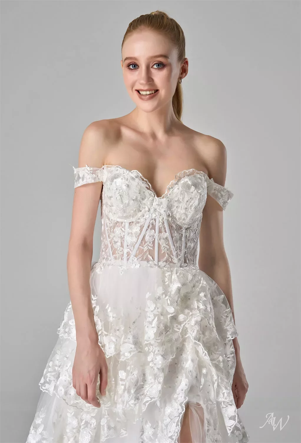 short floral wedding dress 3D Floral Short Strapless Bridal Dress by Ladivine WL083 – ABC Fashion main image 0