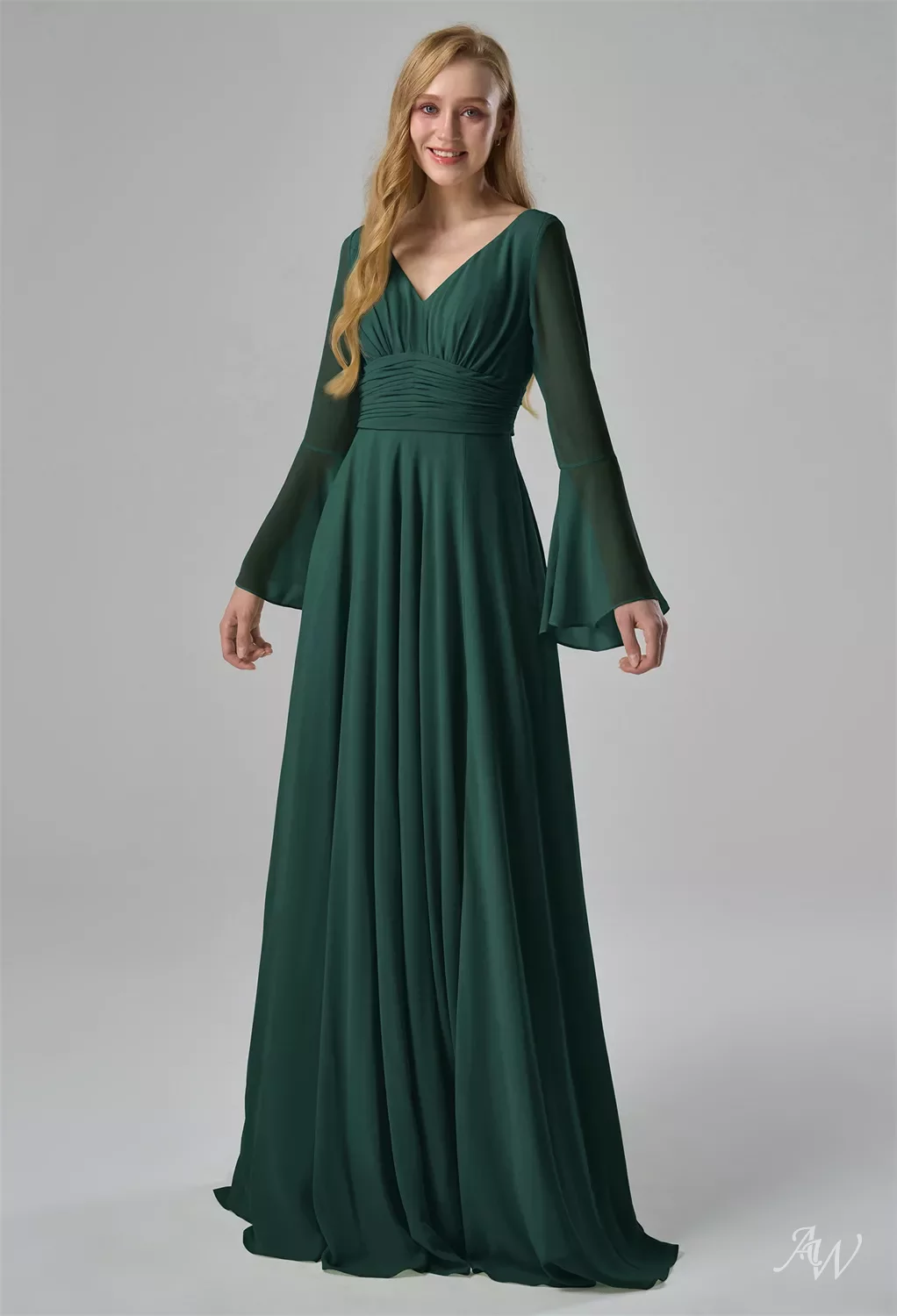 AW.Bridal A-line V-Neck Floor Length Long Sleeves Chiffon Ruching Split Long Bridesmaid Dresses Dark Emerald Size 4