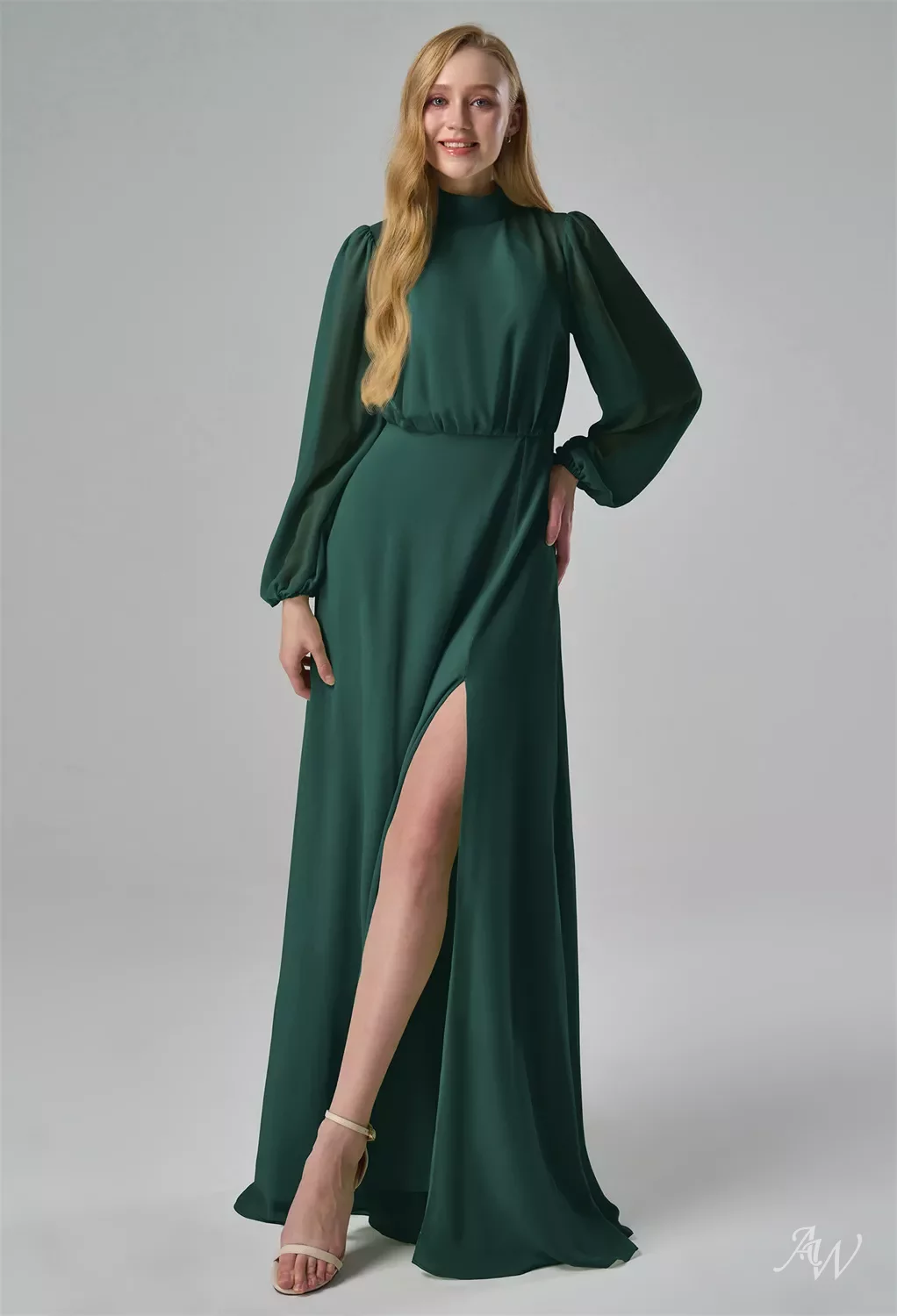 AW Bryony Dress, Dark Emerald Chiffon Floor Length Turtleneck Bridesmaid  Dresses | AW.Bridal