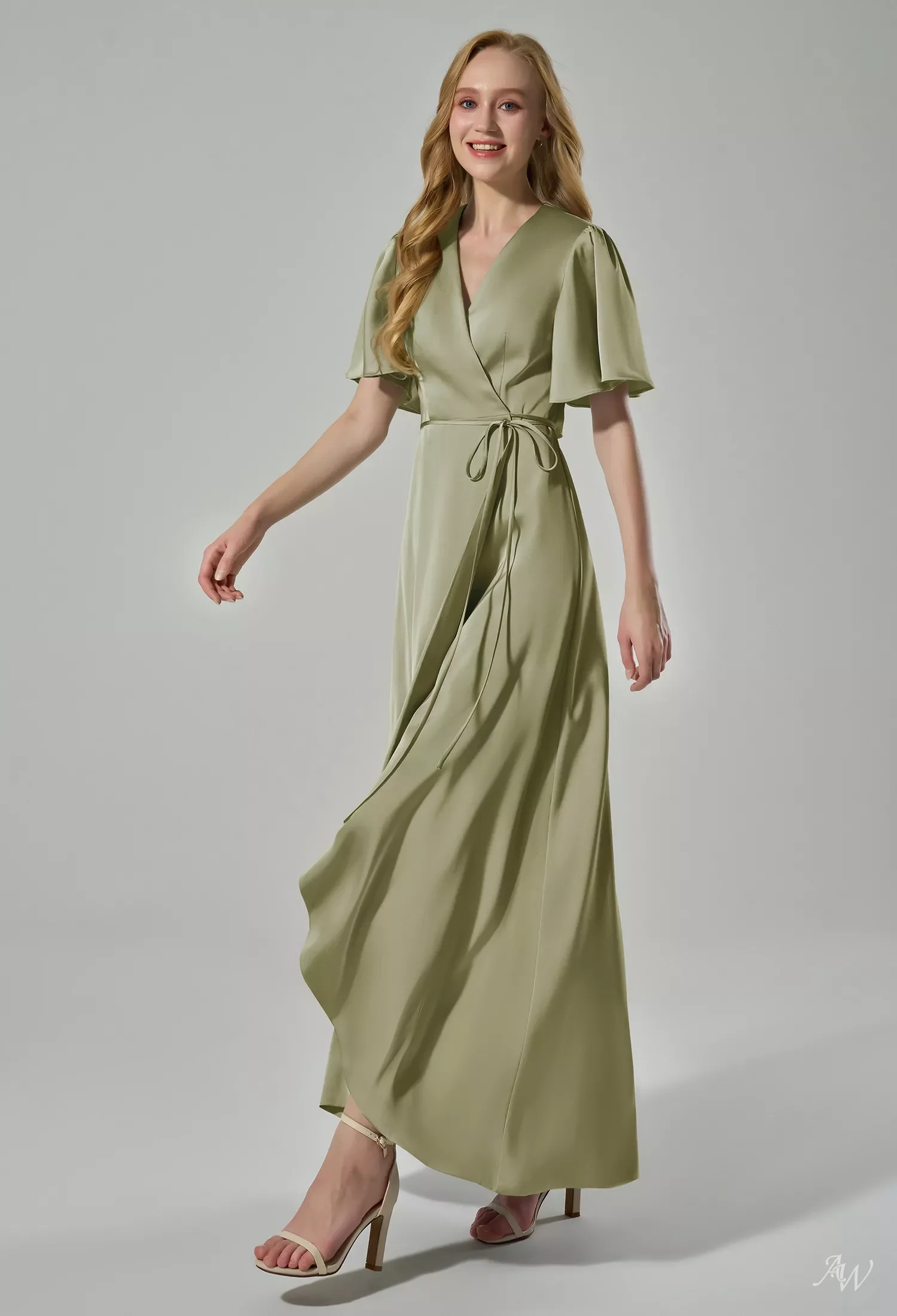 AW Alexa Dresses, Fennel Seed Satin Charmeuse Hi Lo V-Neck