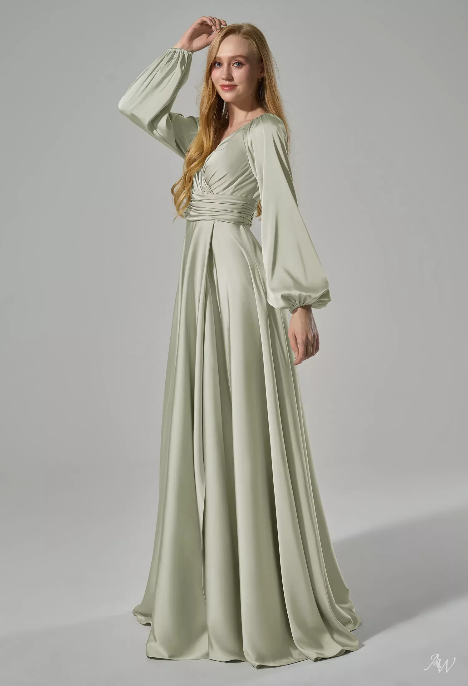 AW Clementina Dress, Sage Green Crystal Satin Satin Charmeuse