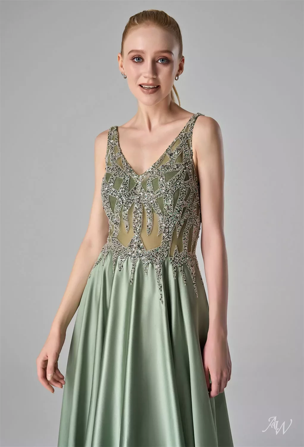 AW Ciara Dress, Seafoam Tulle Satin Charmeuse Floor Length V-Neck Dresses |  AW.Bridal
