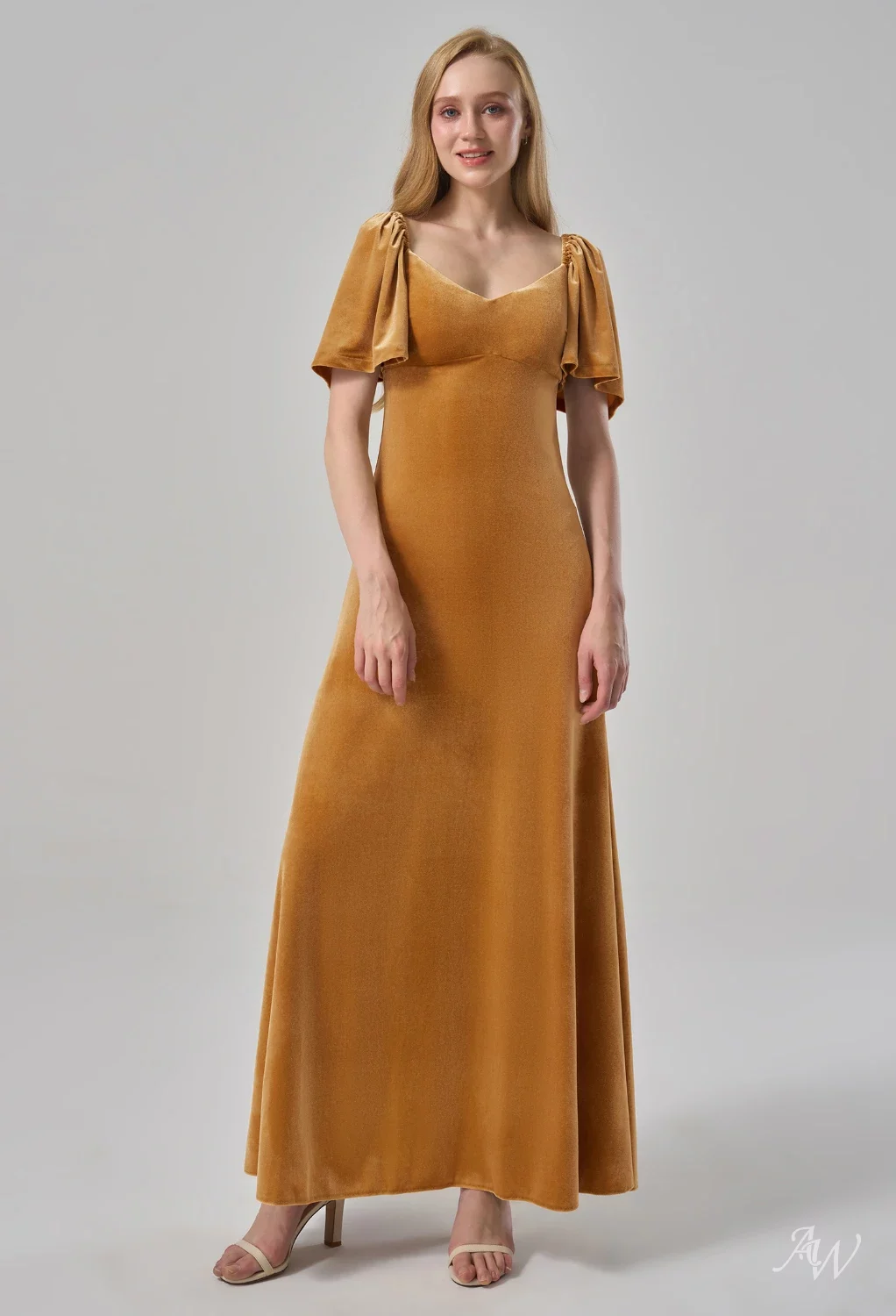 AW Alvera Dress, Burnt Orange Velvet Ankle Length V-Neck Bridesmaid Dresses  | AW.Bridal