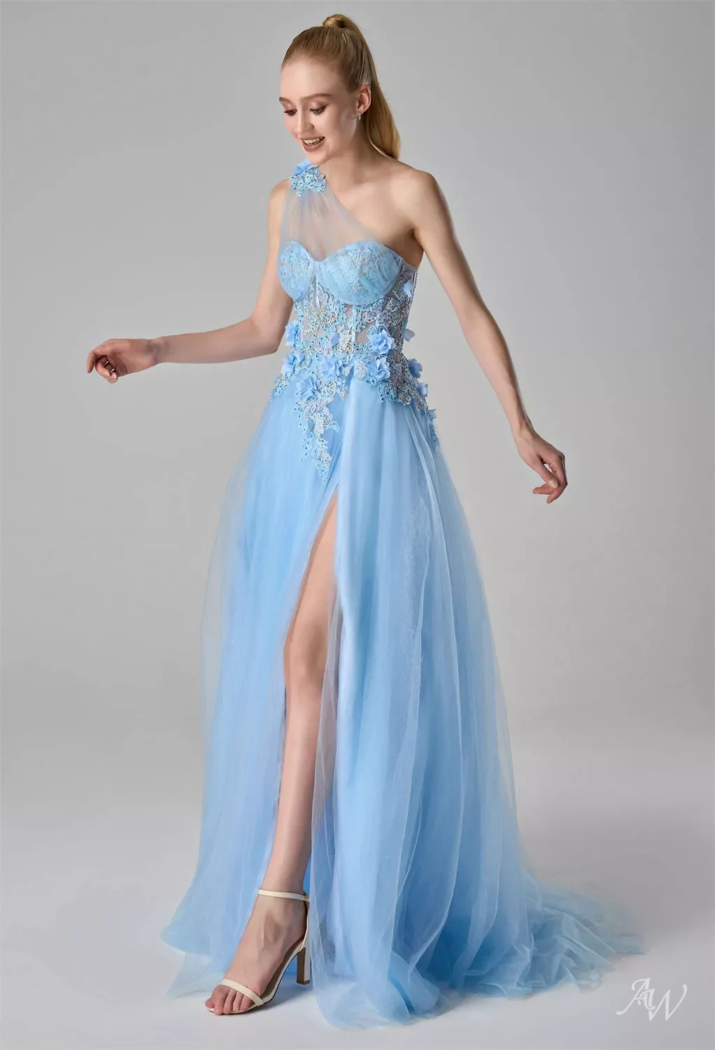 AW Annabel Dress, Baby Blue Tulle Floor Length One Shoulder