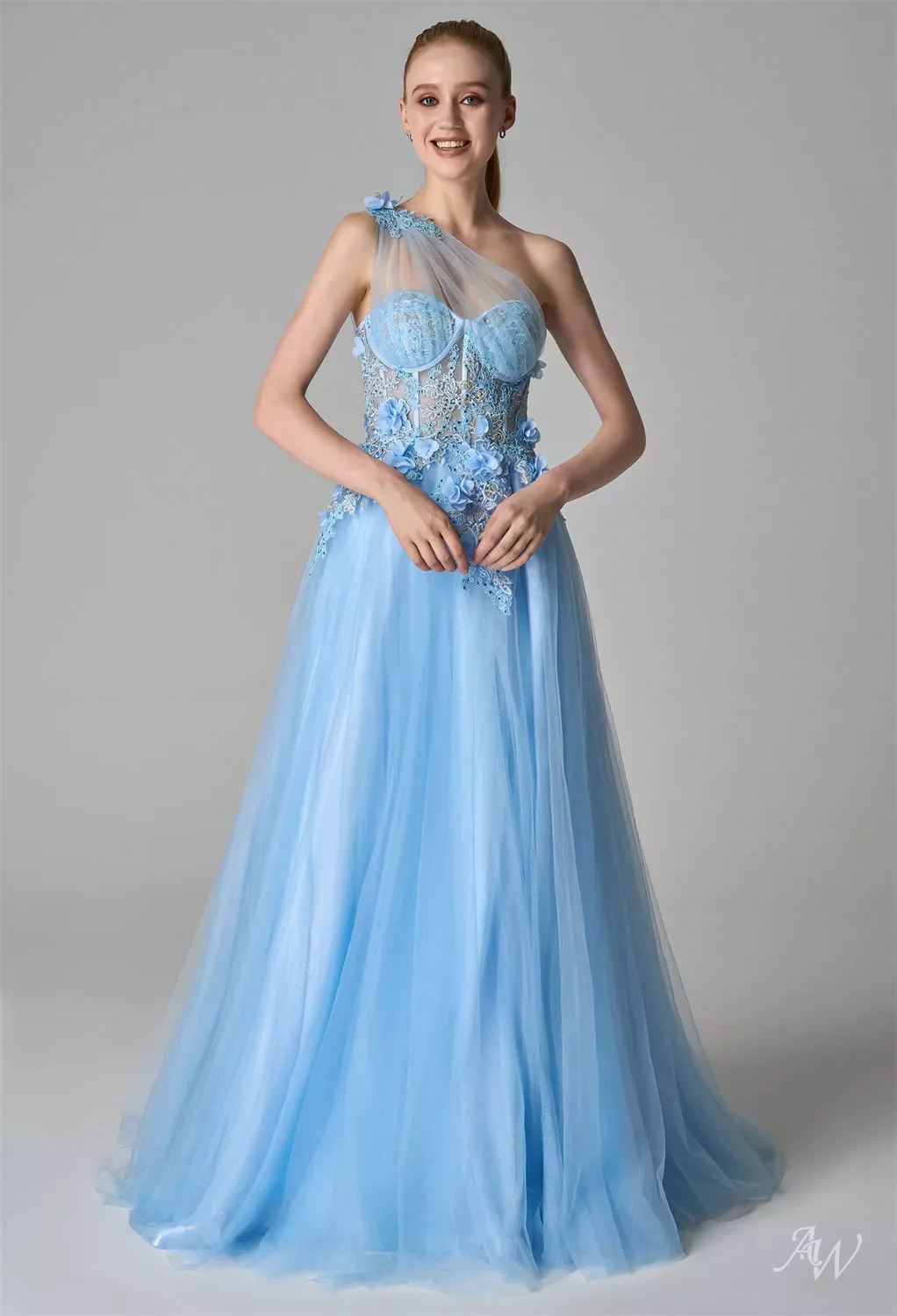 annabelle blue dress AW Annabel Dress, Baby Blue Tulle Floor Length One Shoulder Dresses