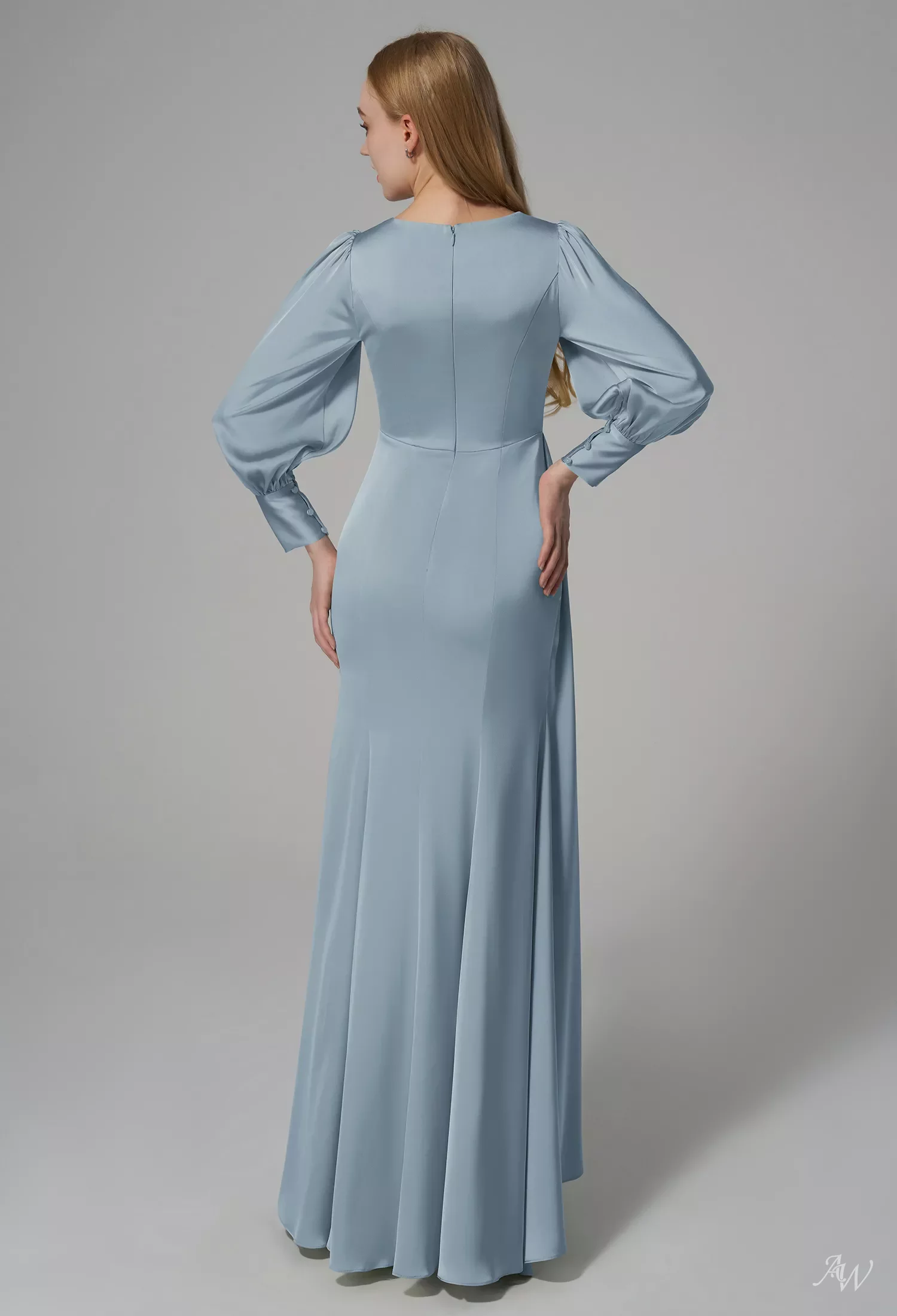 AW.Bridal Mermaid Bateau Neckline Floor Length Long Sleeves Puff Sleeves Satin Long Bridesmaid Dresses Dress Slate Gray Size 18