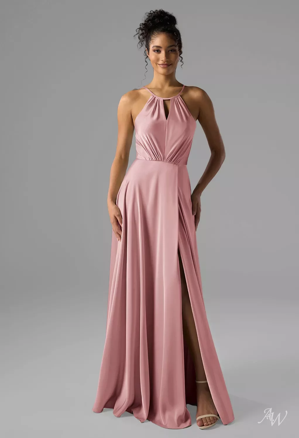 AW Fatima Dress, Rose Quartz Crystal Satin Satin Charmeuse Floor Length Halter Neckline Bridesmaid Dresses | AW.Bridal AW Fatima Dress, Rose Quartz Crystal Satin Satin Charmeuse Floor Length Halter Neckline Bridesmaid Dresses | AW.Bridal