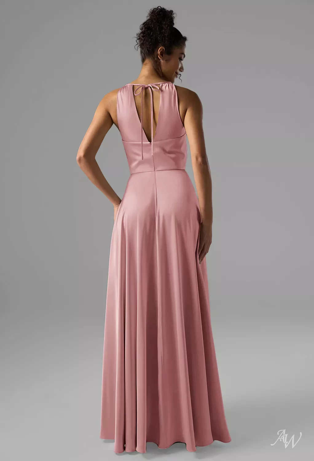 AW Fatima Dress, Rose Quartz Crystal Satin Satin Charmeuse Floor Length  Halter Neckline Bridesmaid Dresses | AW.Bridal