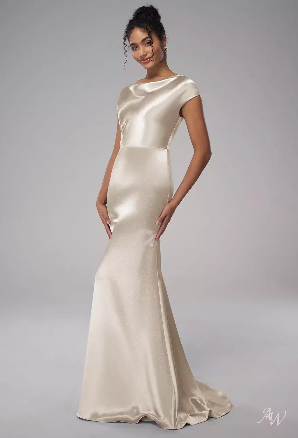 AW Louie Dress, Champagne Crystal Satin Satin Charmeuse Stretch