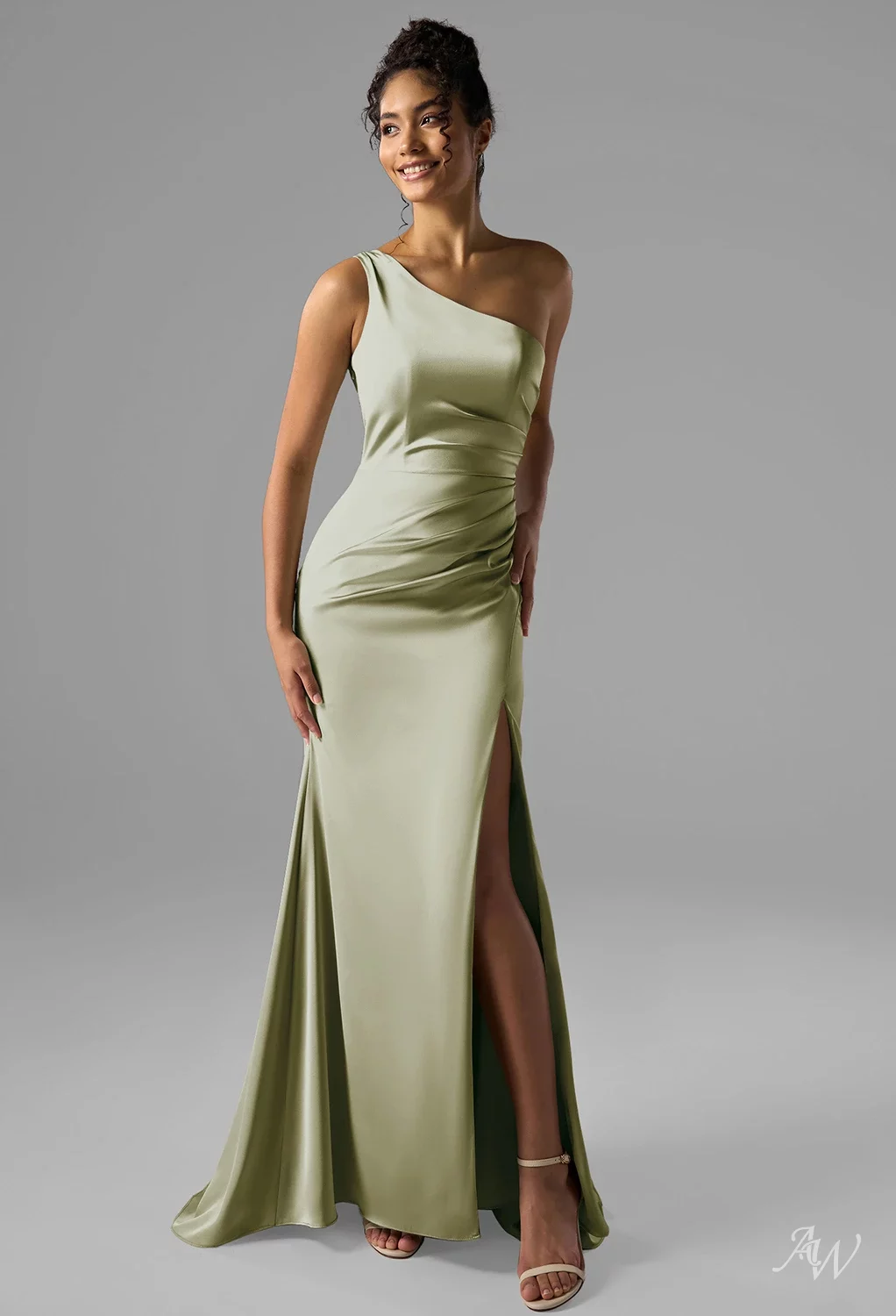 AW Rohan Dress, Fennel Seed Crystal Satin Satin Charmeuse Stretch Satin Floor Length One Shoulder Bridesmaid Dresses