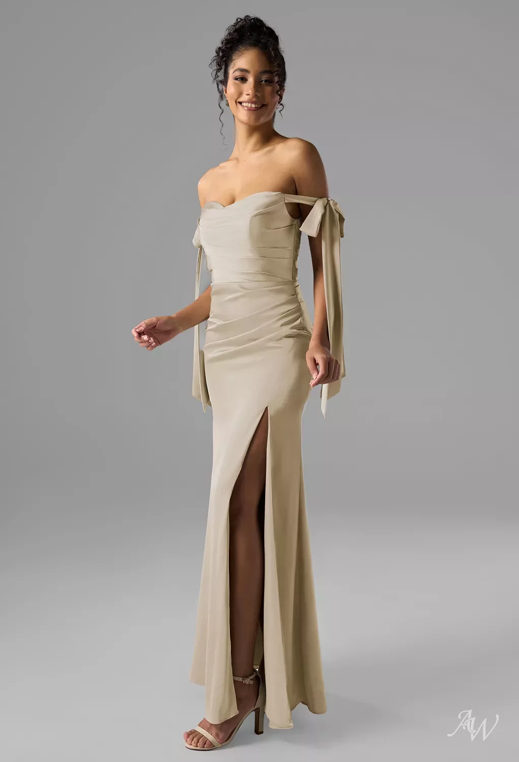 AW Shauna Dress, Taupe Crystal Satin Satin Charmeuse Stretch Satin