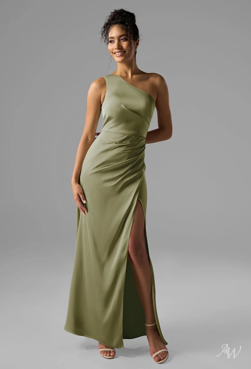 seed green dress AW.Bridal Mermaid One Shoulder Floor Length Satin Ruching Split Long Bridesmaid Dresses Fennel Size 8 Women's Festival Dress